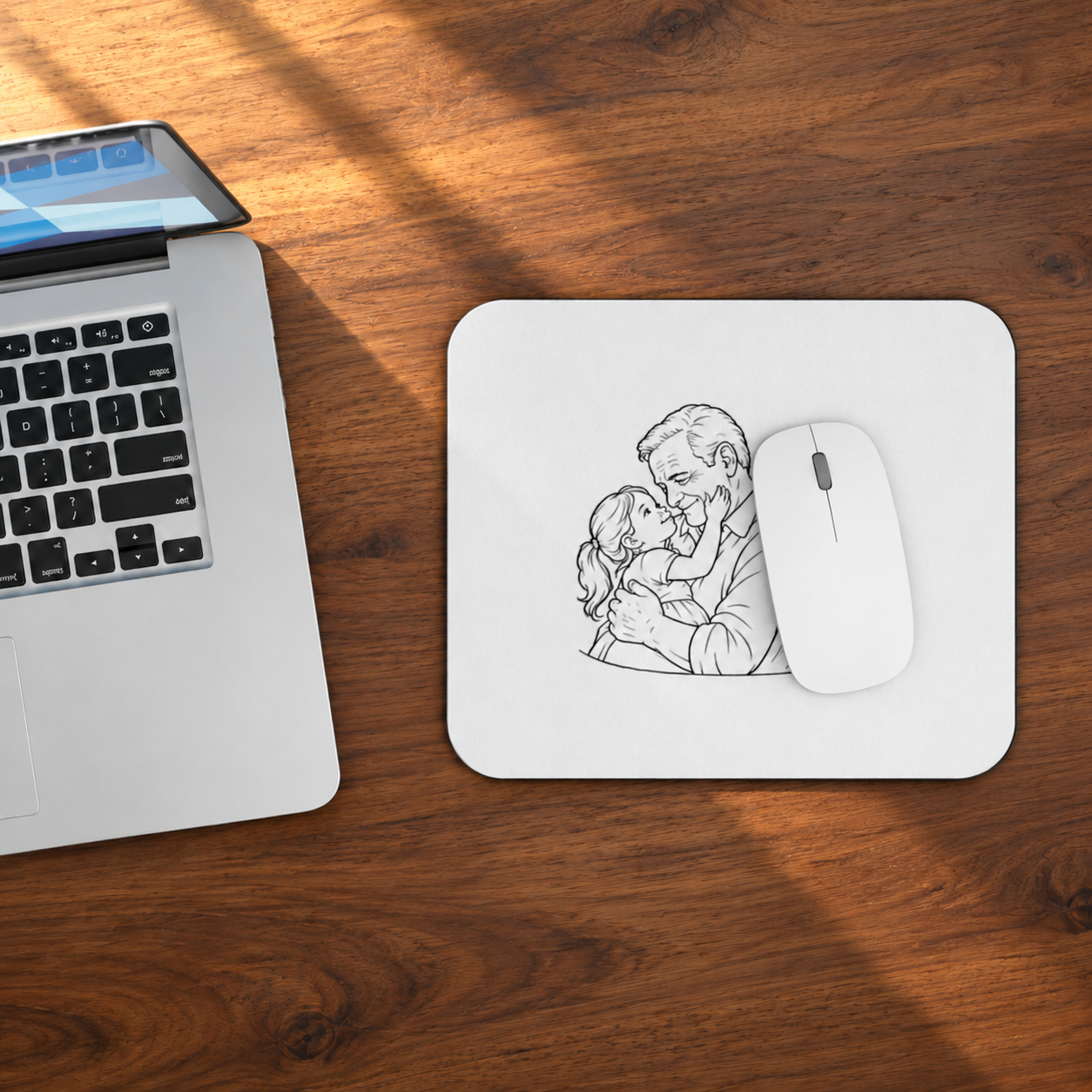Grandfather/Girl mouse pad beside a laptop on a wooden desk, with a white mouse resting on the printed artwork.