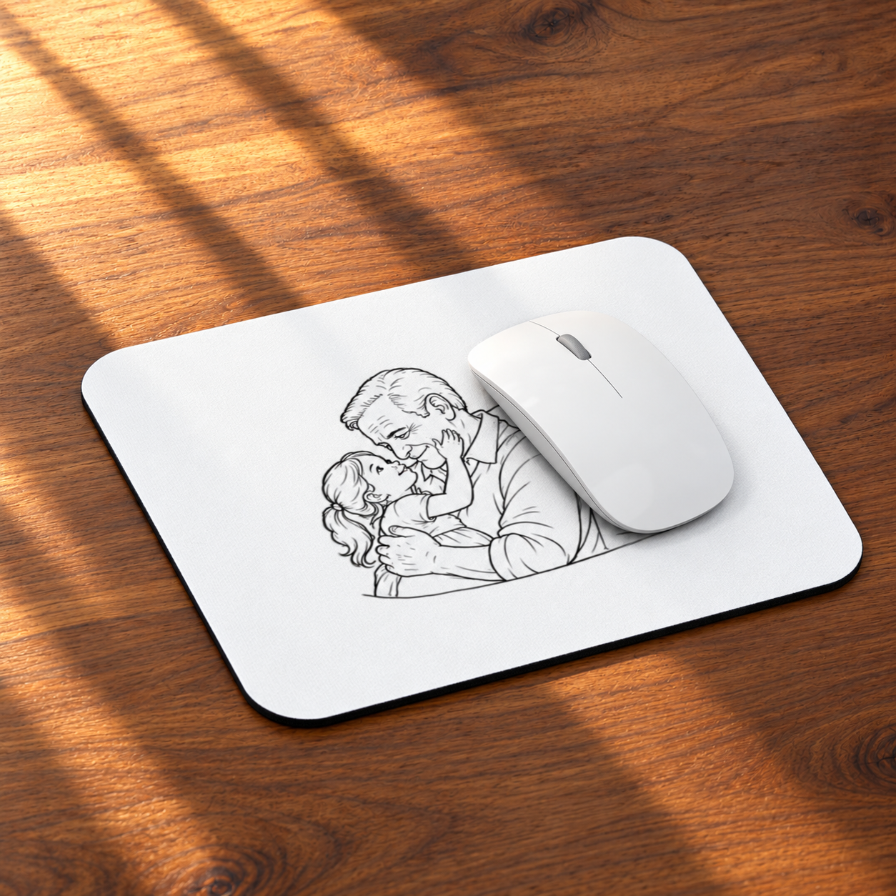 Angled view of the Grandfather/Girl mouse pad on a sunlit wooden desk with a white mouse on the pad.