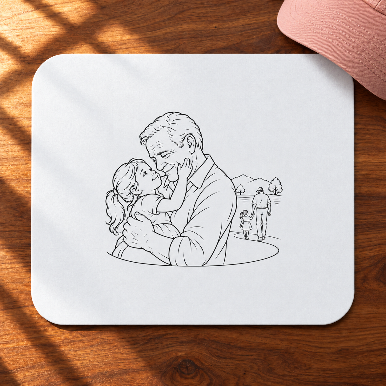 Grandfather/Girl mouse pad with black family line artwork on a white surface, shown on a sunlit wooden desk beside a pink notebook.
