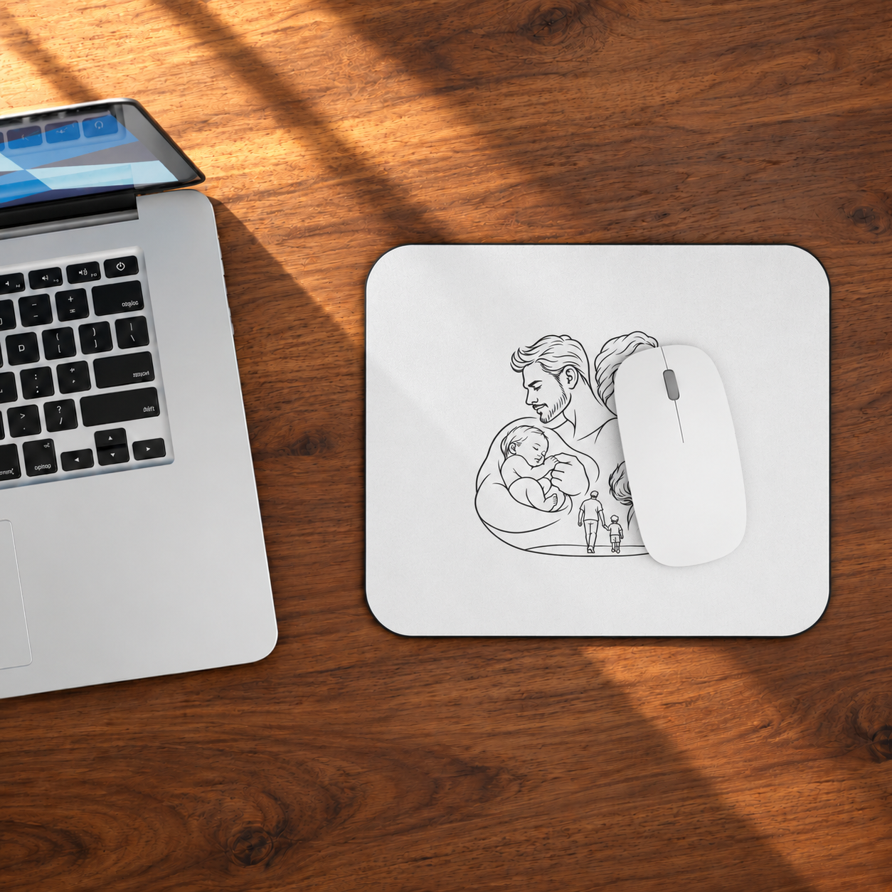 Fatherhood mouse pad beside a laptop on a wooden desk, with a white mouse resting on the printed artwork.