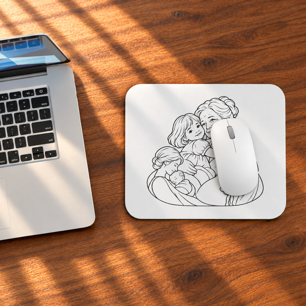 Grandmother/Girl mouse pad beside a laptop on a wooden desk, with a white mouse resting on the printed artwork.