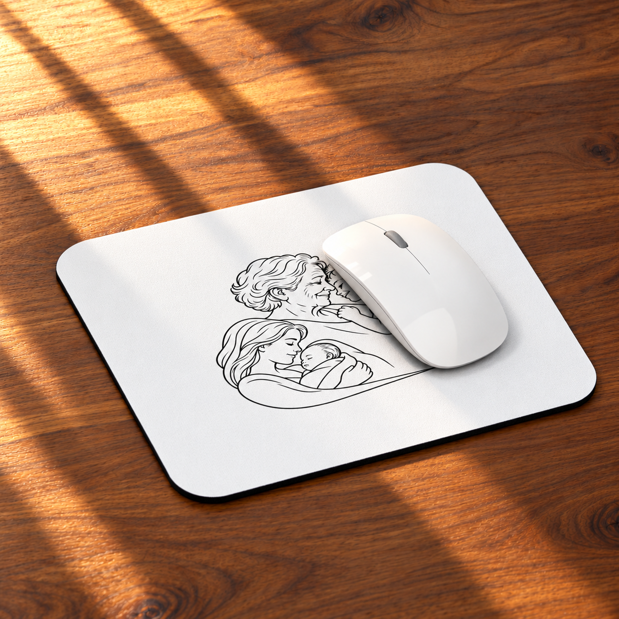 Angled view of the Grandmother/Boy mouse pad on a sunlit wooden desk with a white mouse on the pad.