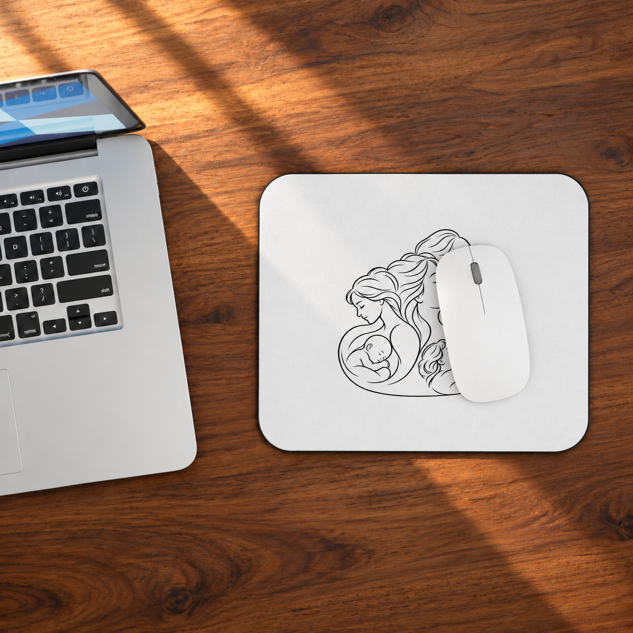 Motherhood mouse pad beside a laptop on a wooden desk, with a white mouse resting on the printed artwork.