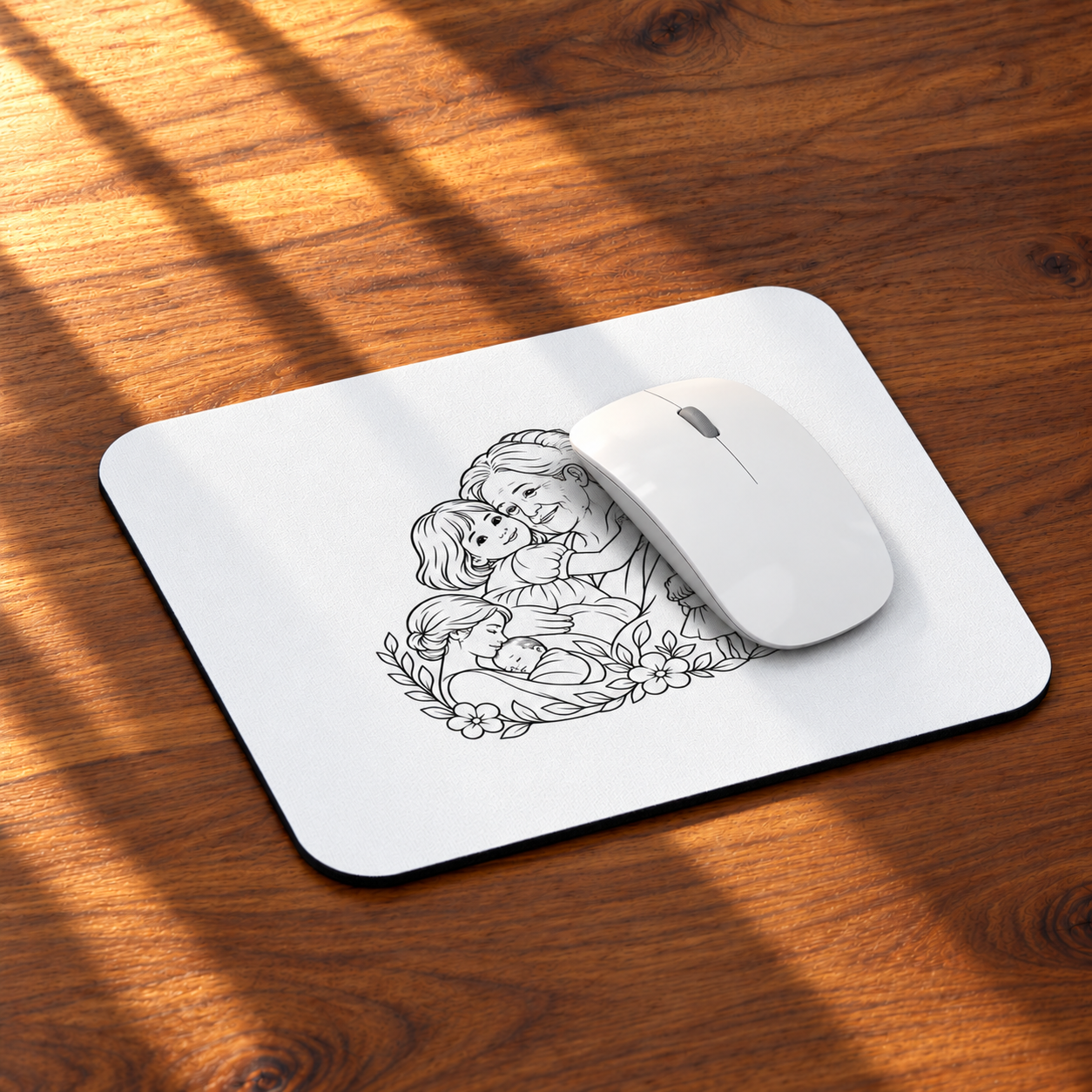 Angled view of the Grandmother/Girl Floral mouse pad on a sunlit wooden desk with a white mouse on the pad.