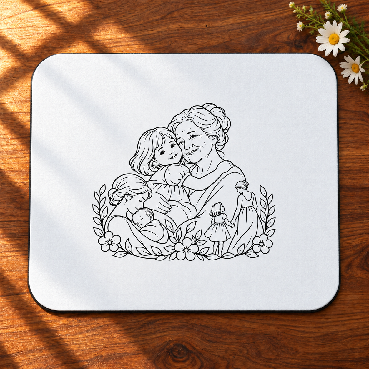 Grandmother/Girl Floral mouse pad with black family and floral line artwork on a white surface, shown on a sunlit wooden desk beside daisies.