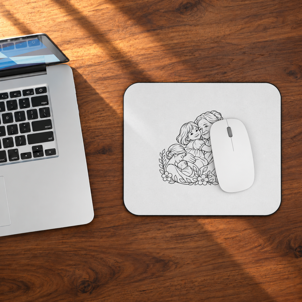 Grandmother/Girl Floral mouse pad beside a laptop on a wooden desk, with a white mouse resting on the printed artwork.