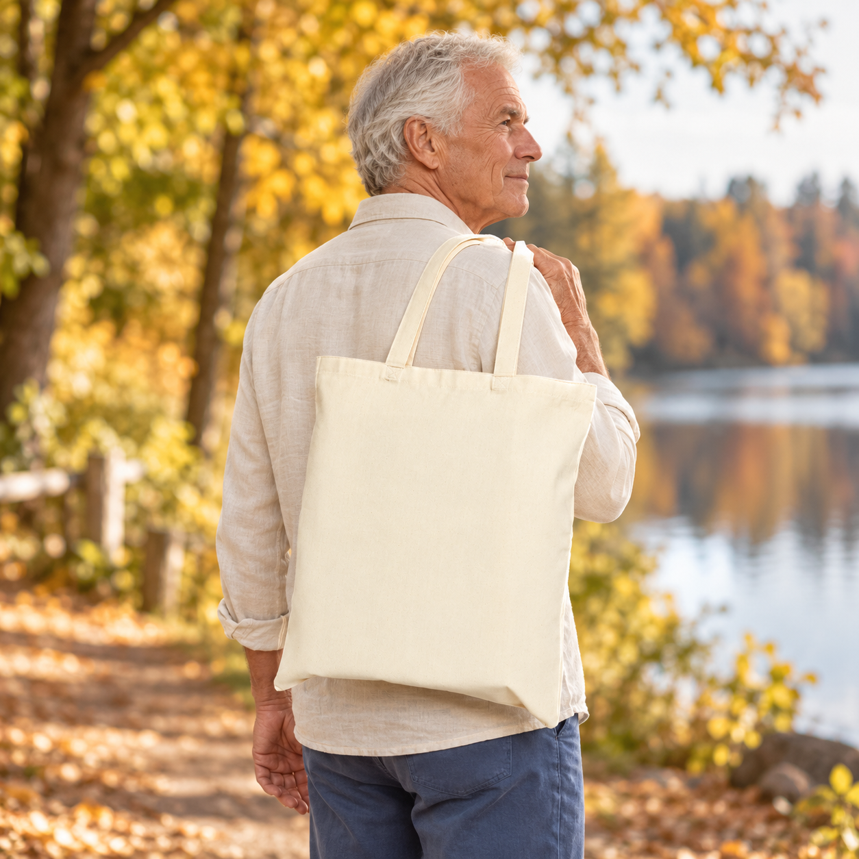 Older man carrying a natural canvas tote with its plain reverse side visible beside an autumn lake.