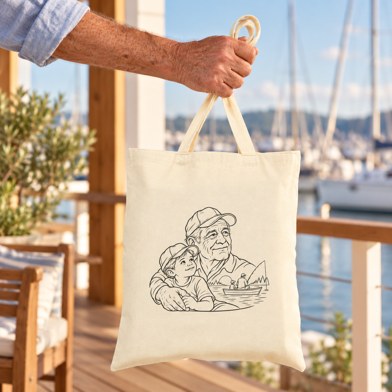 Grandfather/Boy canvas tote held by its handles on a porch overlooking a marina.