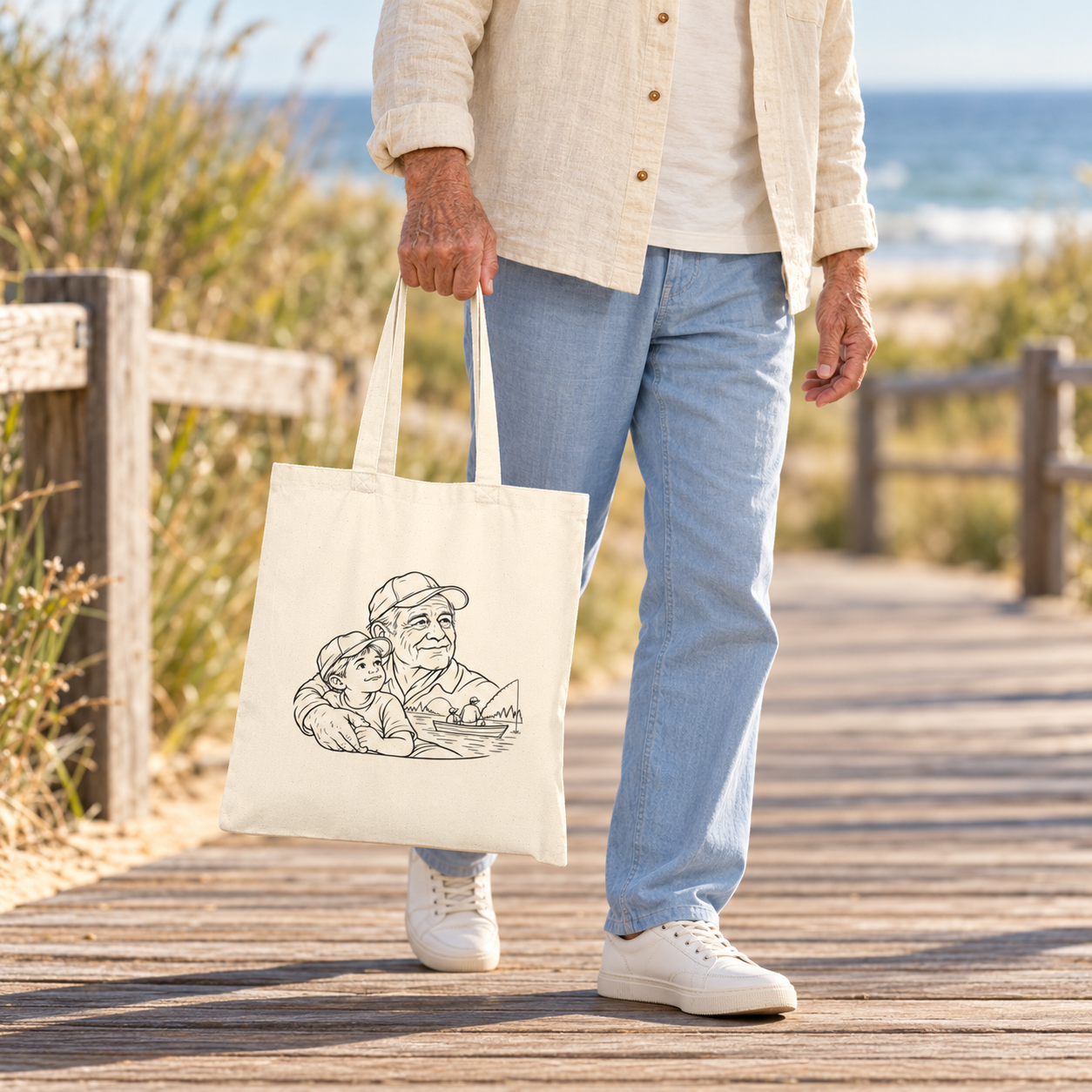 Person carrying a Grandfather/Boy canvas tote by its handles while walking on a wooden boardwalk.