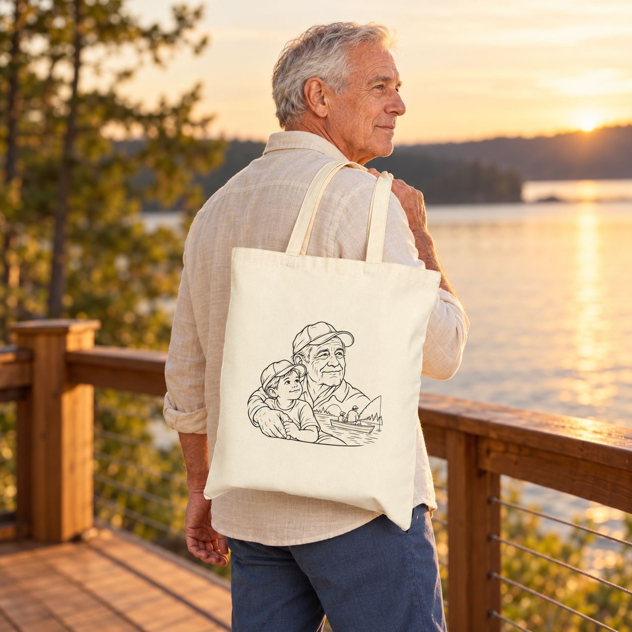 Older man carrying a Grandfather/Boy natural canvas tote over his shoulder beside a lake at sunset.
