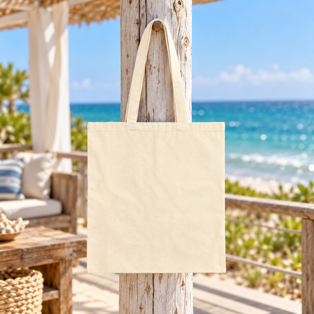 Plain reverse side of a natural canvas tote hanging on a coastal porch.