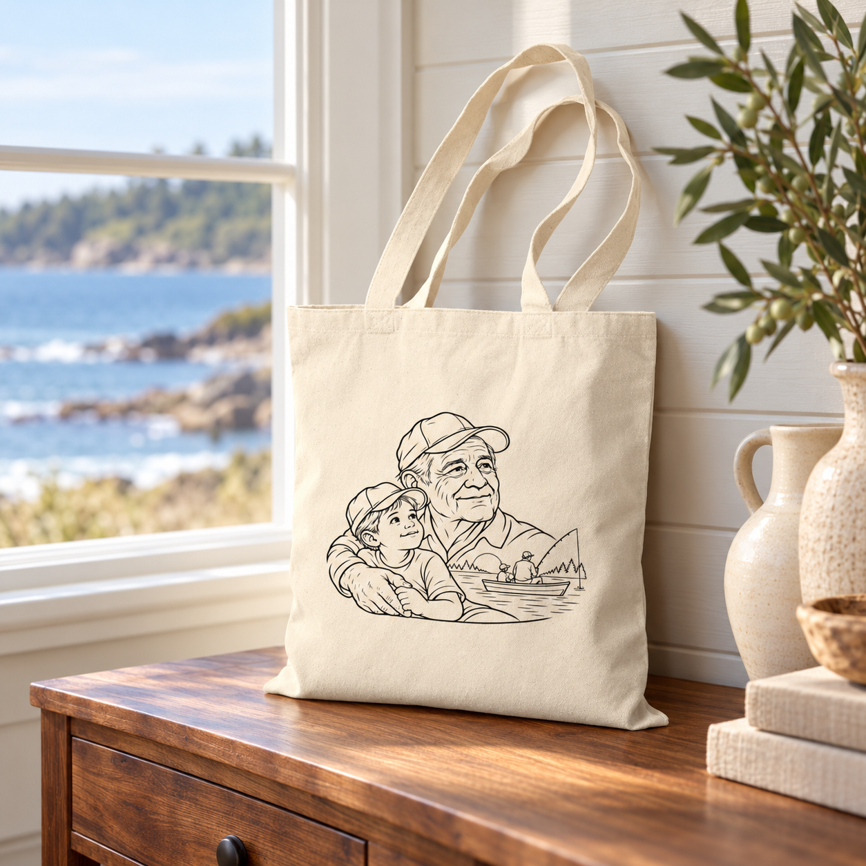 Grandfather/Boy natural canvas tote displayed on a wooden table beside a sunlit coastal window.