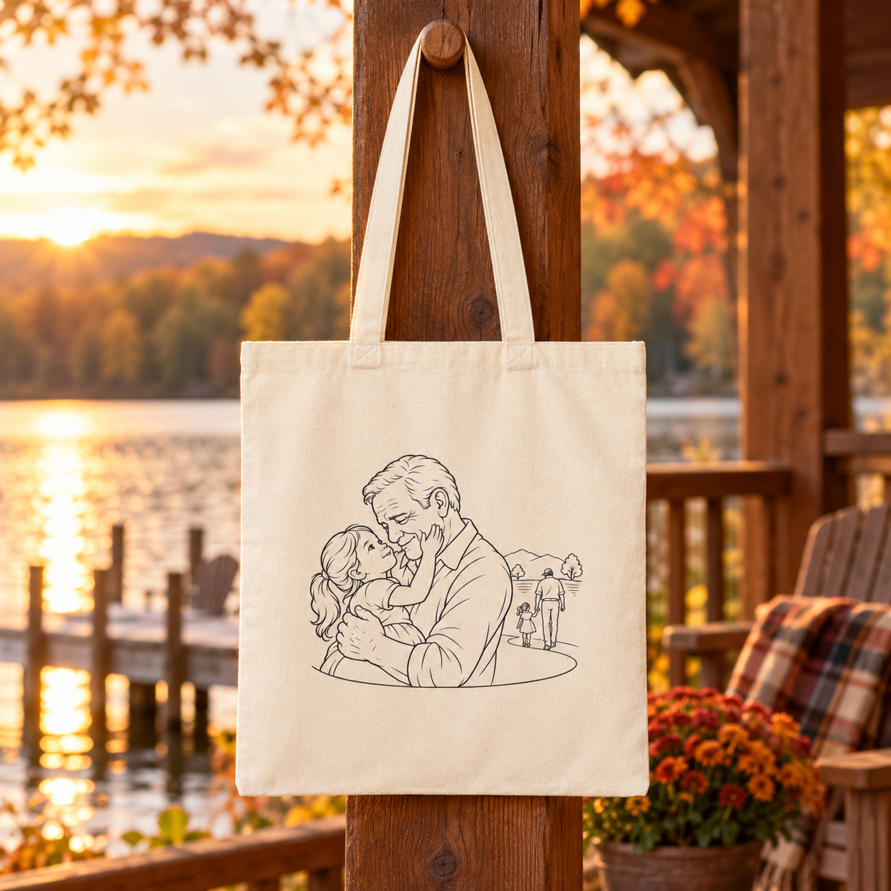 Natural canvas tote with Grandfather/Girl family line artwork hanging on a lakeside porch at sunset.