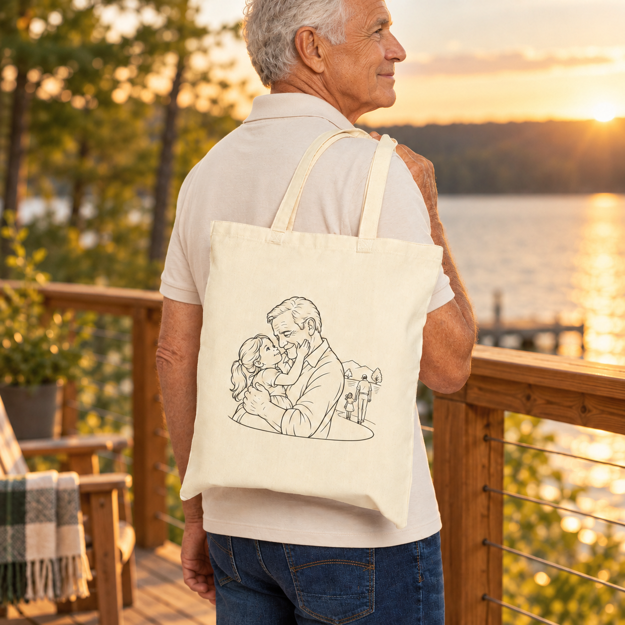 Older man carrying a Grandfather/Girl natural canvas tote over his shoulder beside a lake at sunset.
