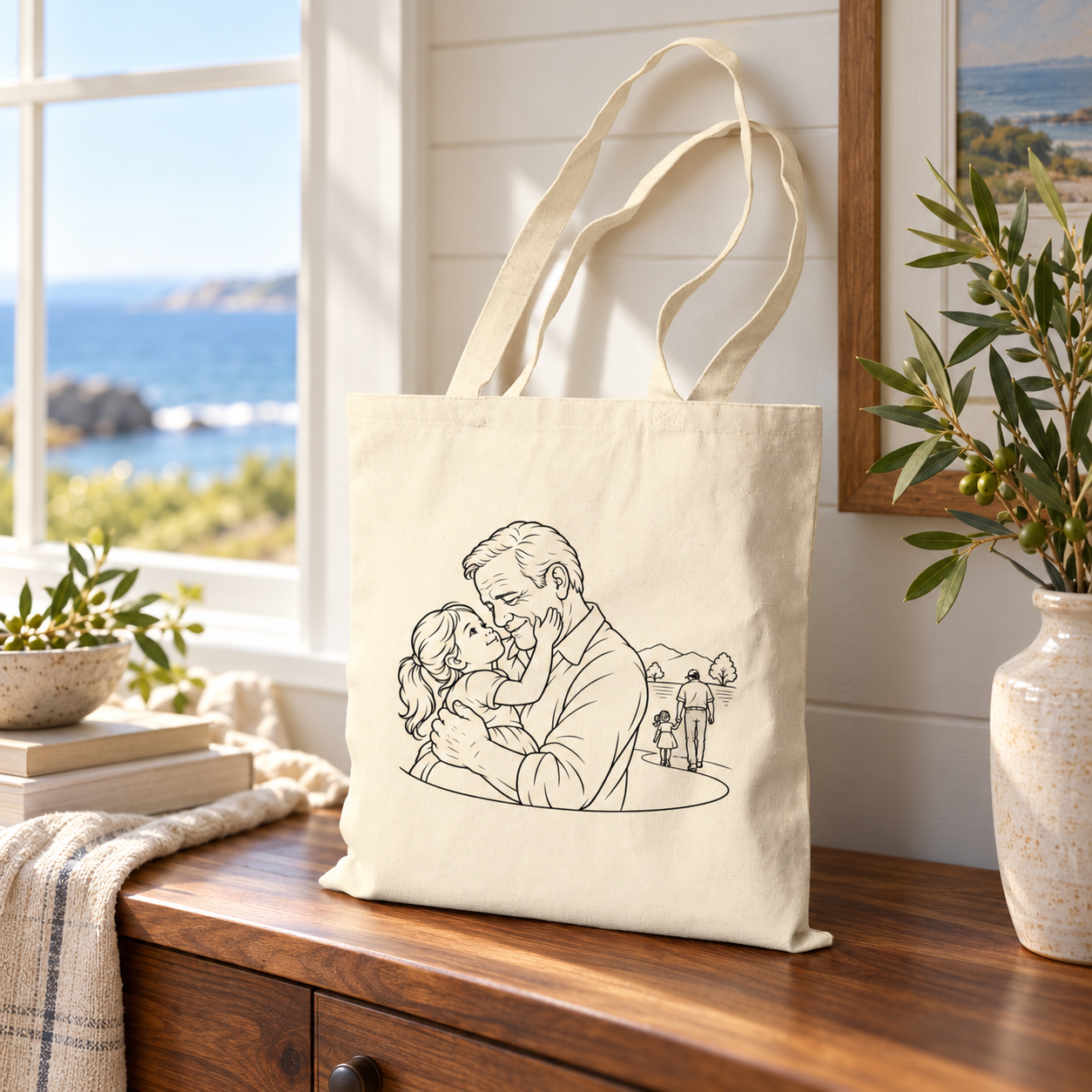 Grandfather/Girl natural canvas tote displayed on a wooden table beside a sunlit coastal window.