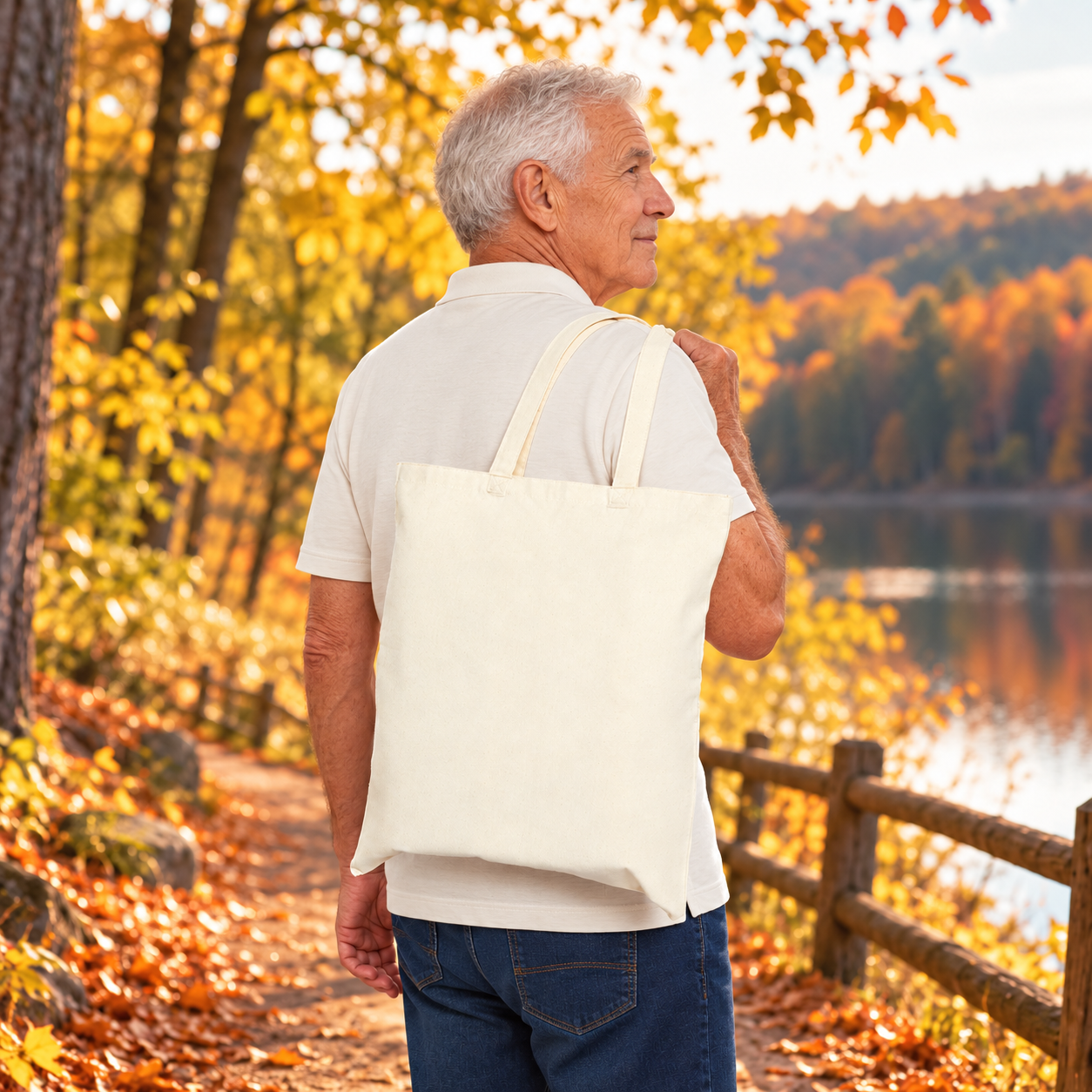 Older man carrying a natural canvas tote with its plain reverse side visible beside an autumn lake.