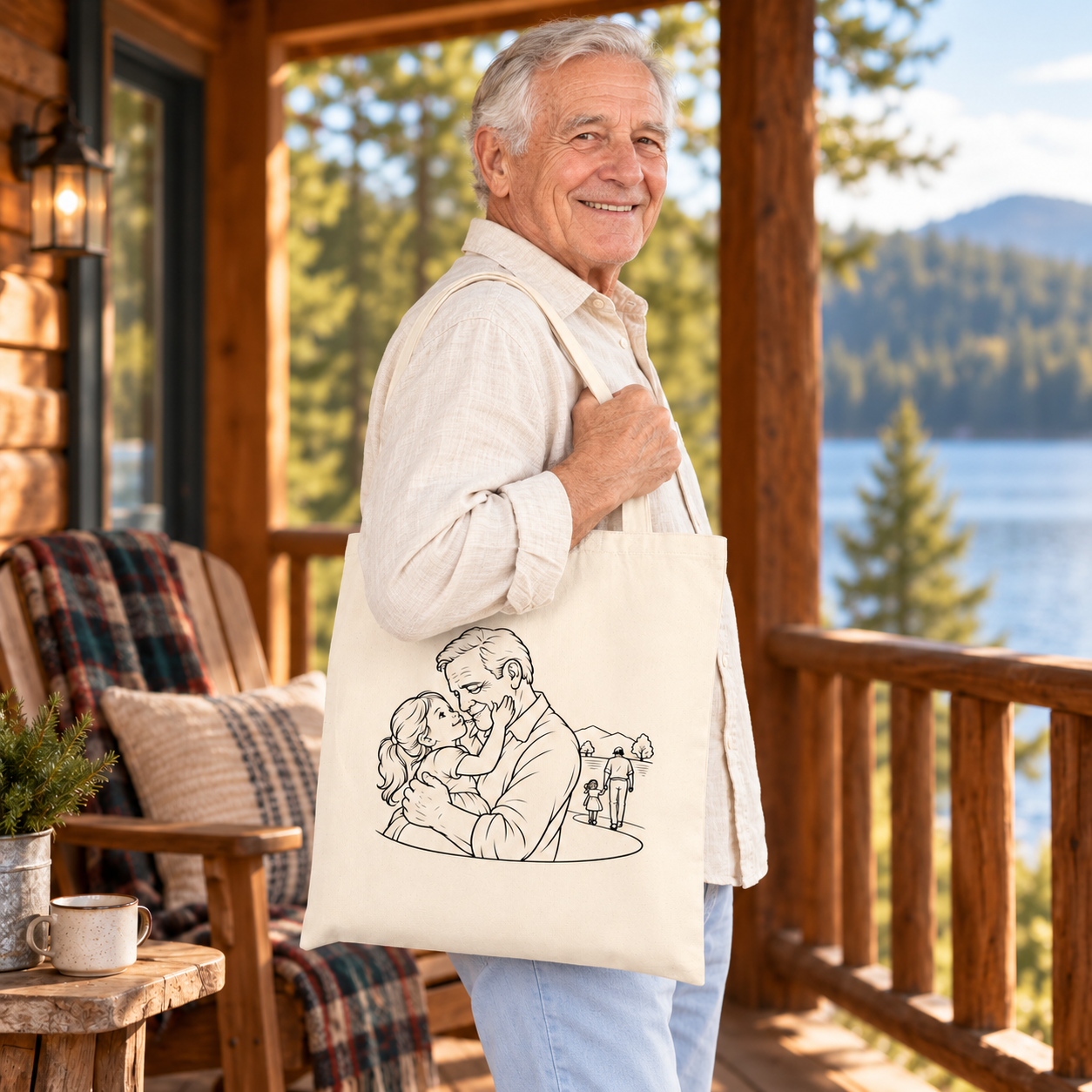 Older man facing the camera with a Grandfather/Girl canvas tote over his shoulder on a lakeside porch.
