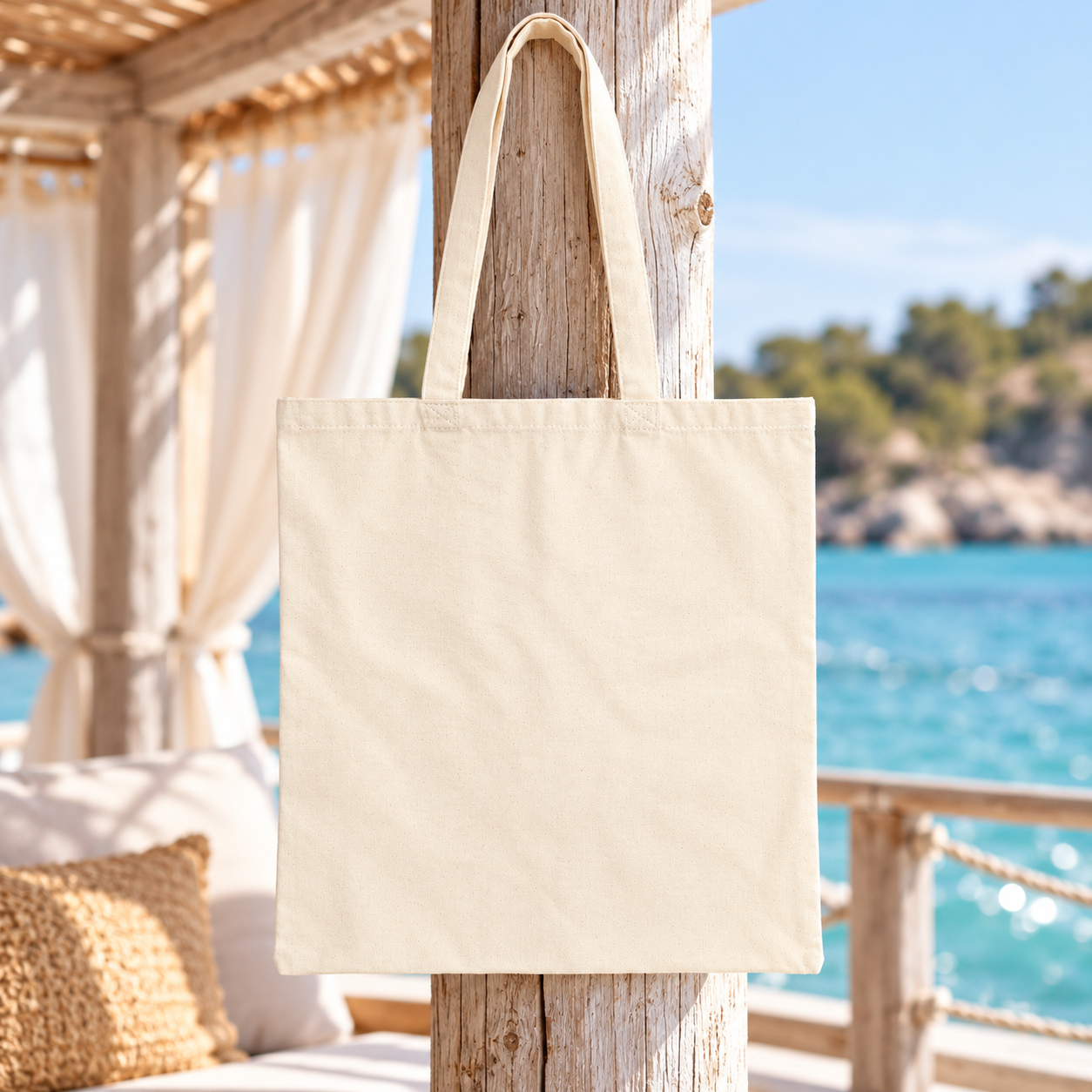 Plain reverse side of a natural canvas tote hanging on a shaded seaside porch.