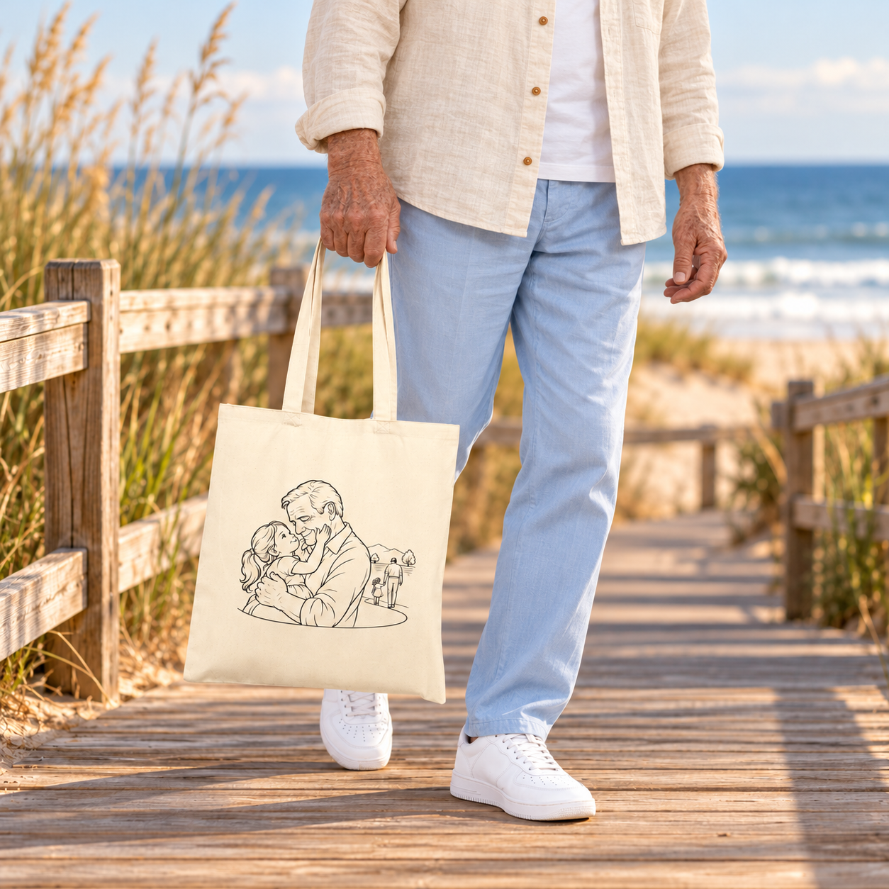 Person carrying a Grandfather/Girl canvas tote by its handles while walking on a coastal boardwalk.