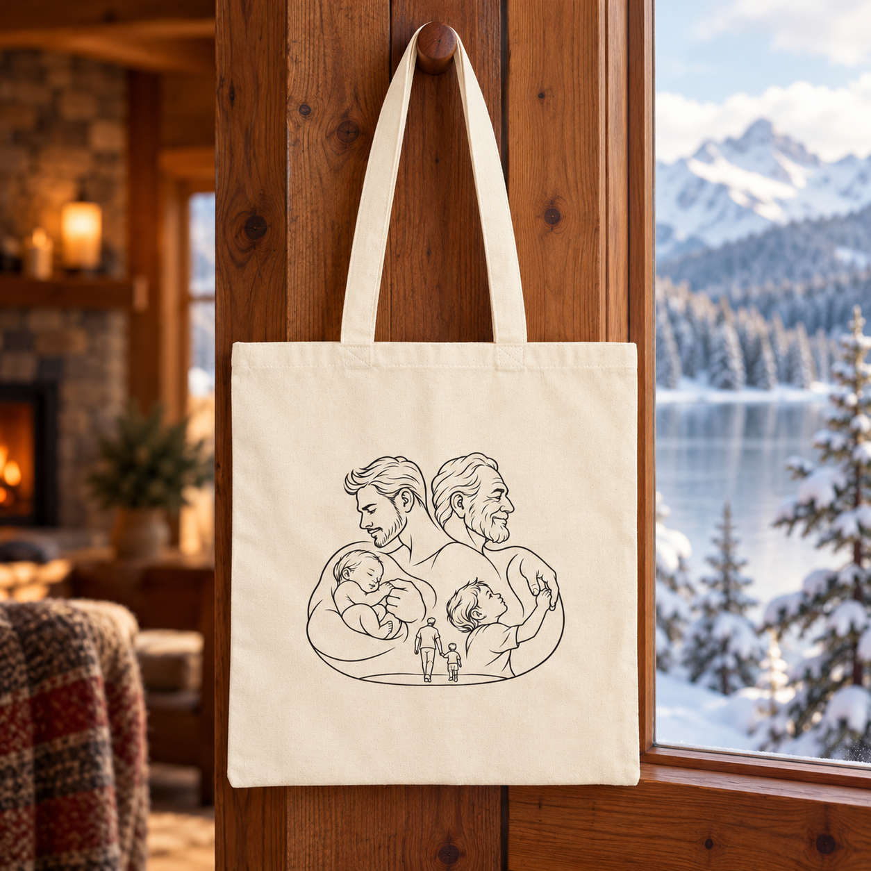 Natural canvas tote with Fatherhood family line artwork hanging beside a cabin window overlooking a snowy mountain lake.