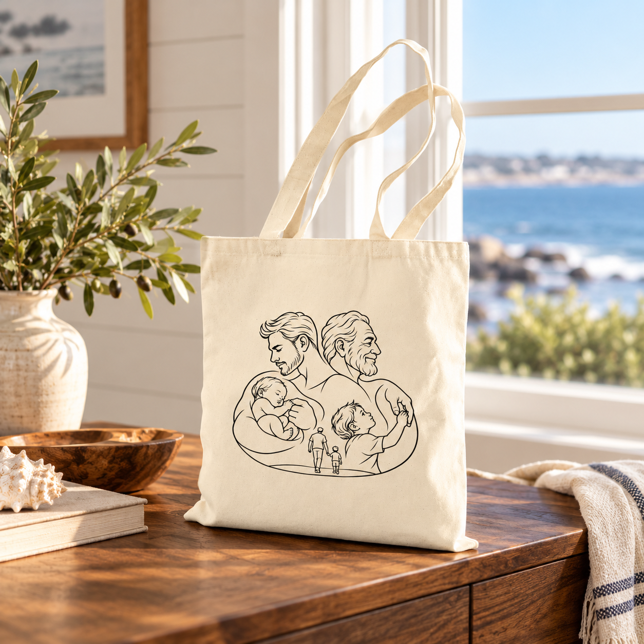 Fatherhood natural canvas tote displayed on a wooden table beside a sunlit coastal window.