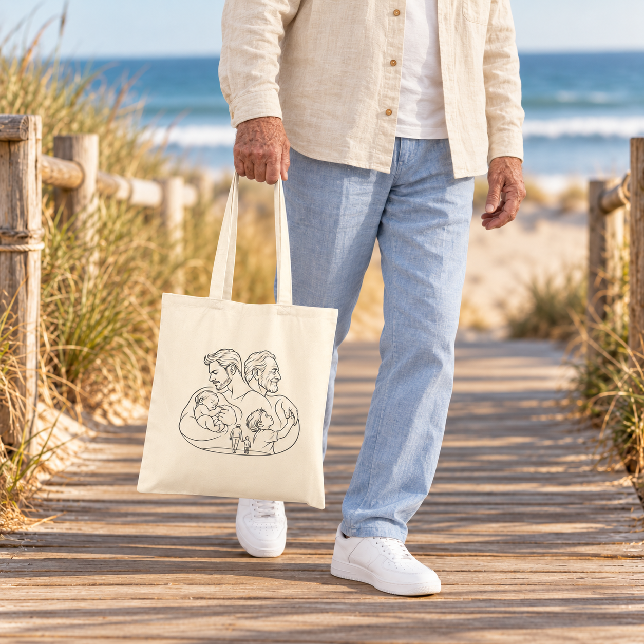 Person carrying a Fatherhood canvas tote by its handles while walking on a coastal boardwalk.