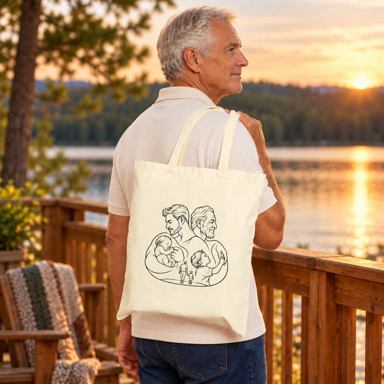 Older man carrying a Fatherhood natural canvas tote over his shoulder beside a lake at sunset.