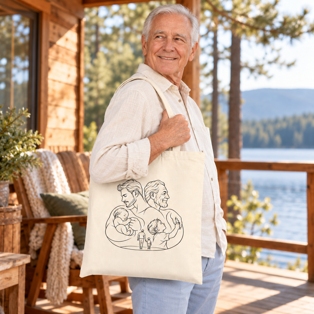 Older man facing the camera with a Fatherhood canvas tote over his shoulder on a lakeside porch.