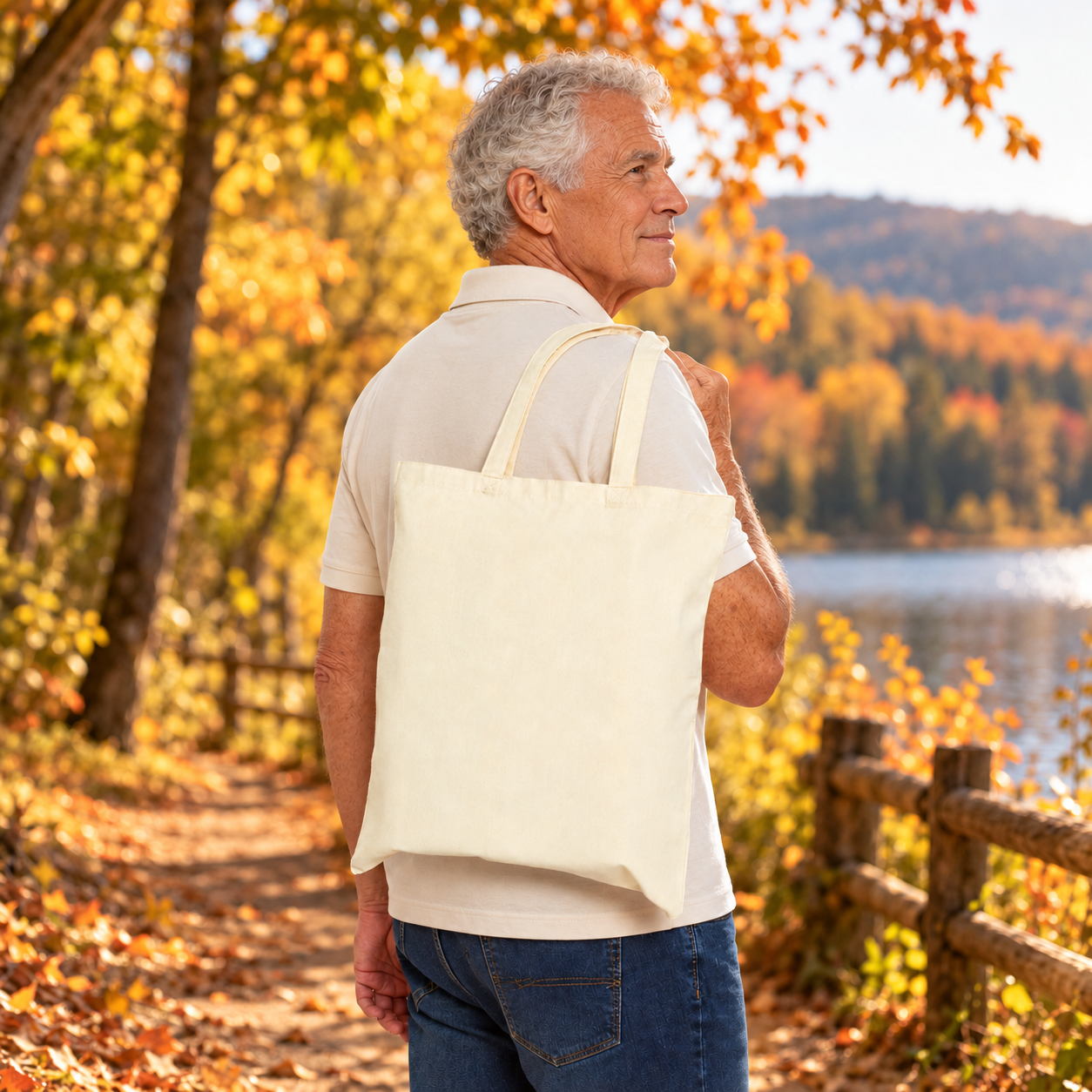 Older man carrying a natural canvas tote with its plain reverse side visible beside an autumn lake.