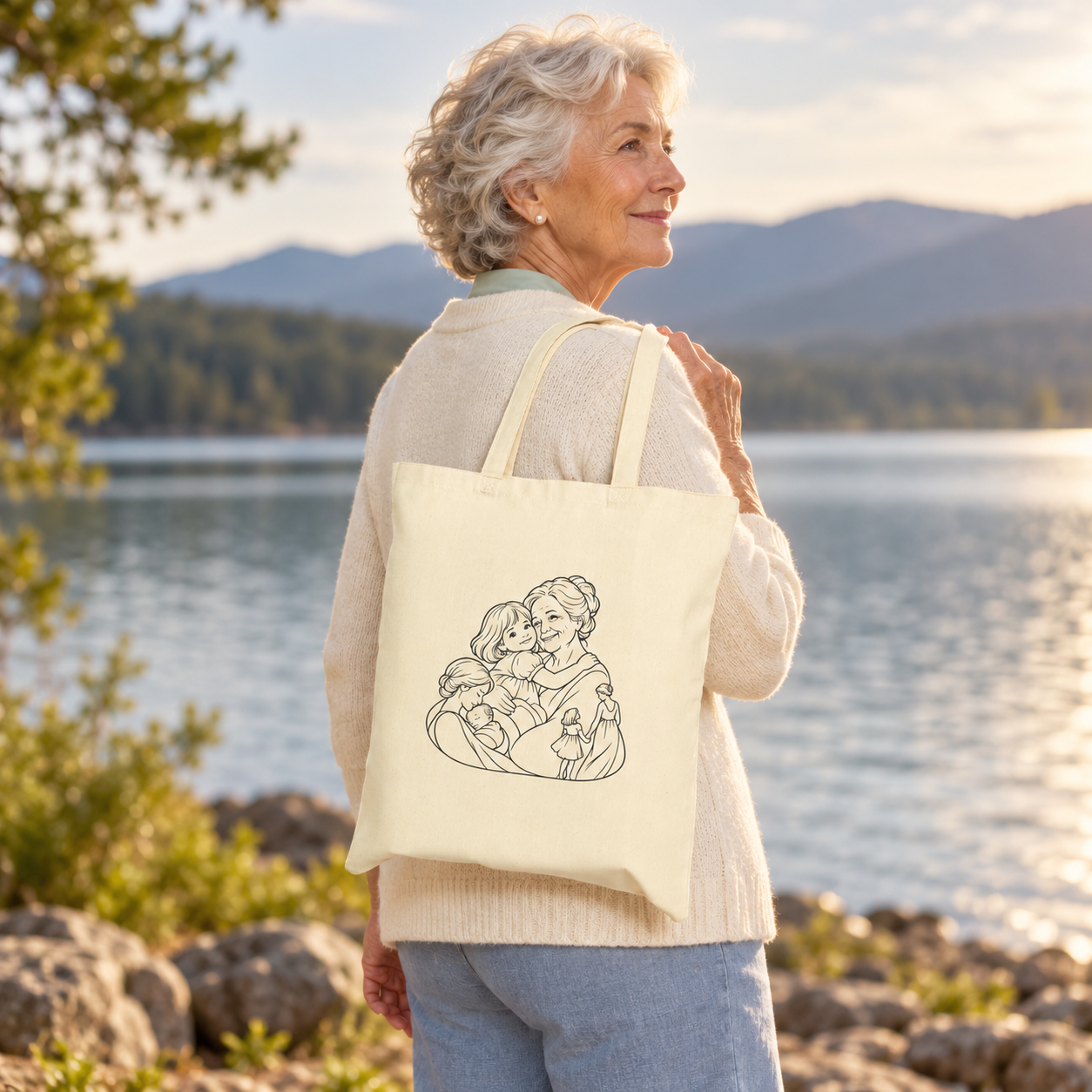 Older woman carrying a Grandmother/Girl natural canvas tote over her shoulder beside a mountain lake.