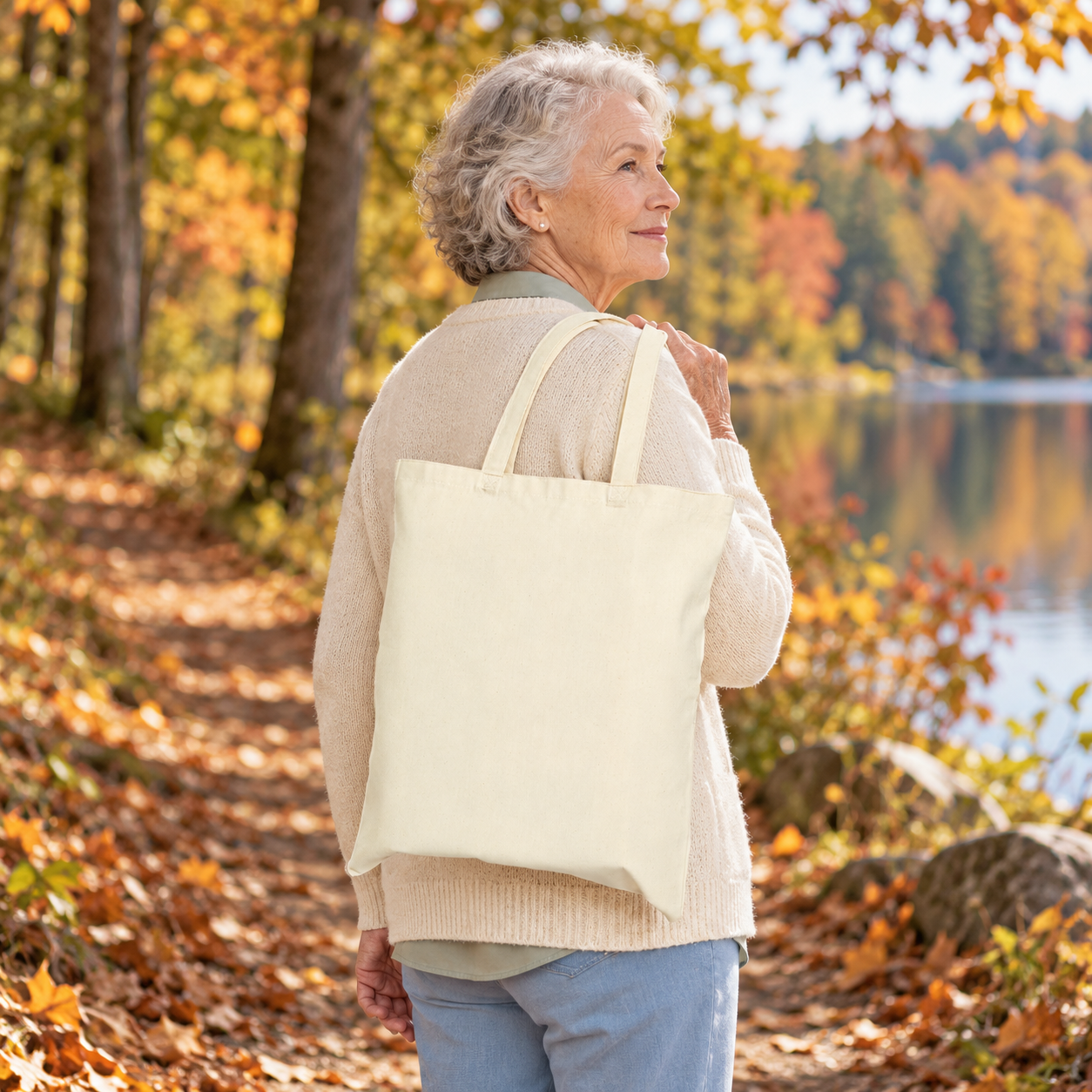 Older woman carrying a natural canvas tote with its plain reverse side visible beside an autumn lake.