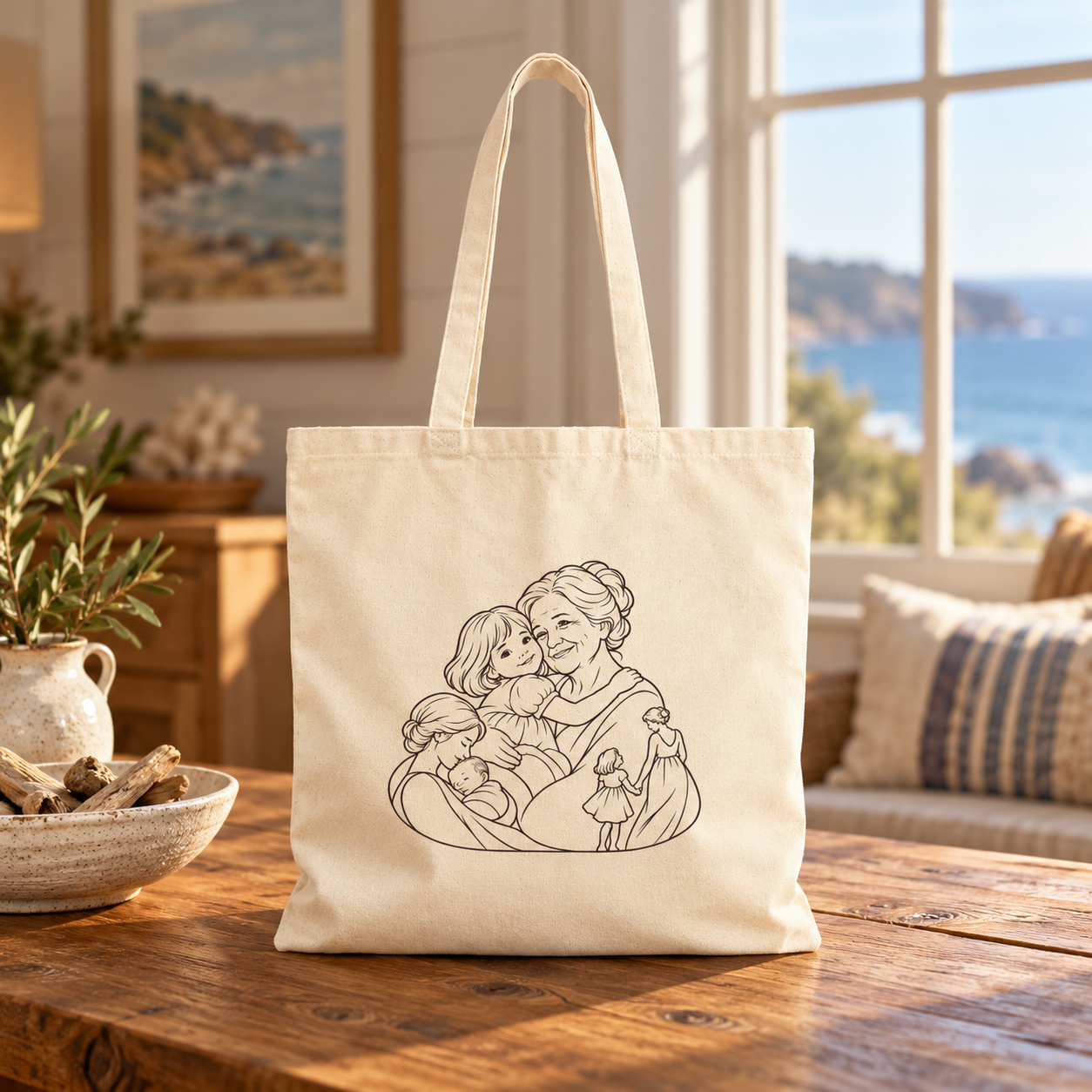 Grandmother/Girl natural canvas tote displayed on a wooden table beside a sunlit window.