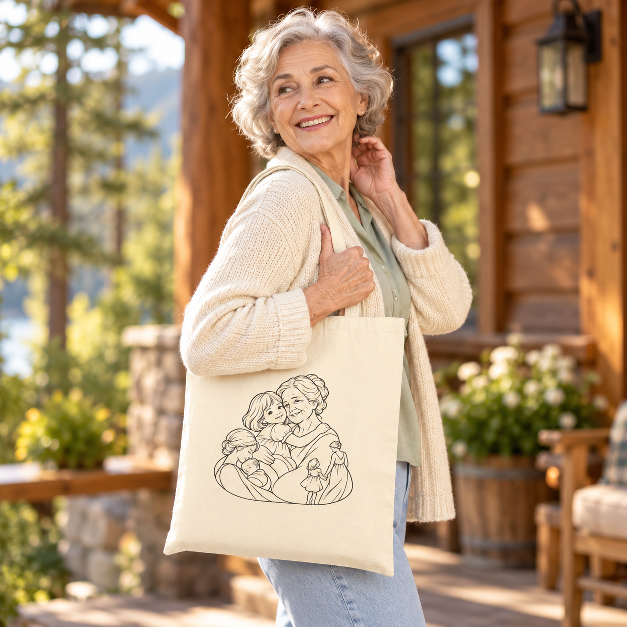 Older woman facing the camera with a Grandmother/Girl canvas tote over her shoulder outside a wooden cabin.