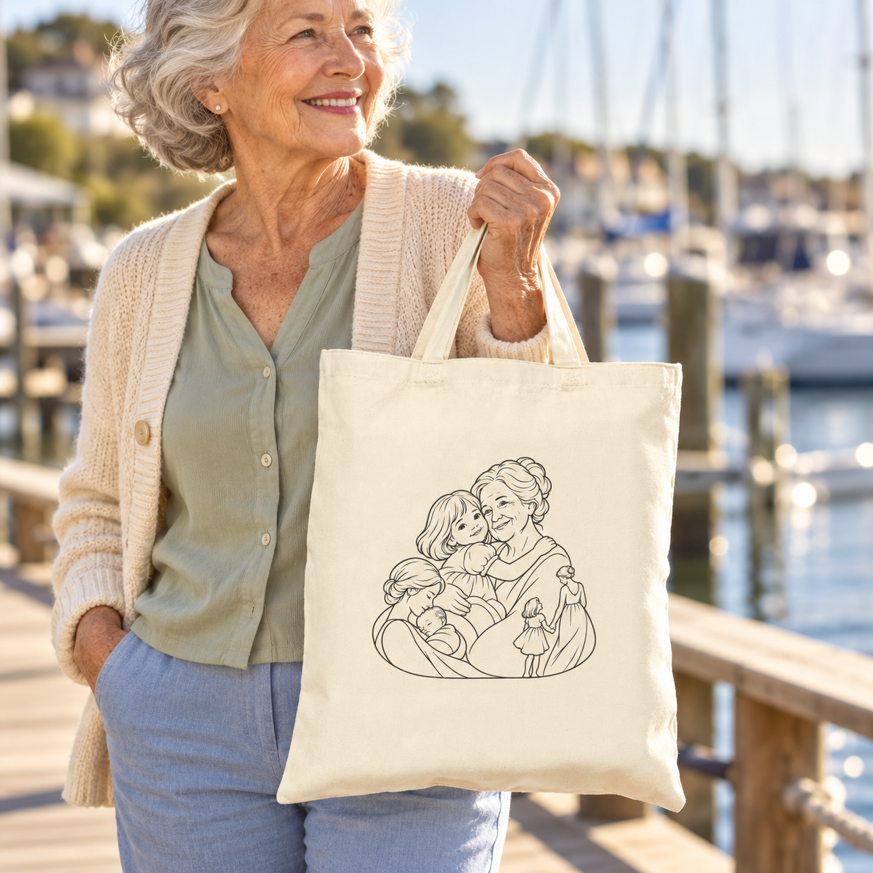 Older woman holding a Grandmother/Girl canvas tote over her shoulder beside a marina.