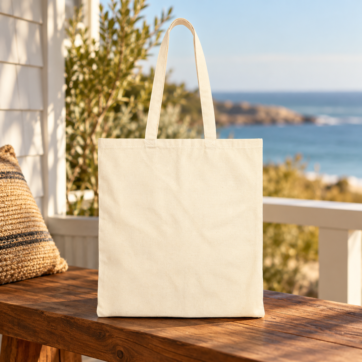 Plain reverse side of a natural canvas tote displayed on a wooden table overlooking the coast.