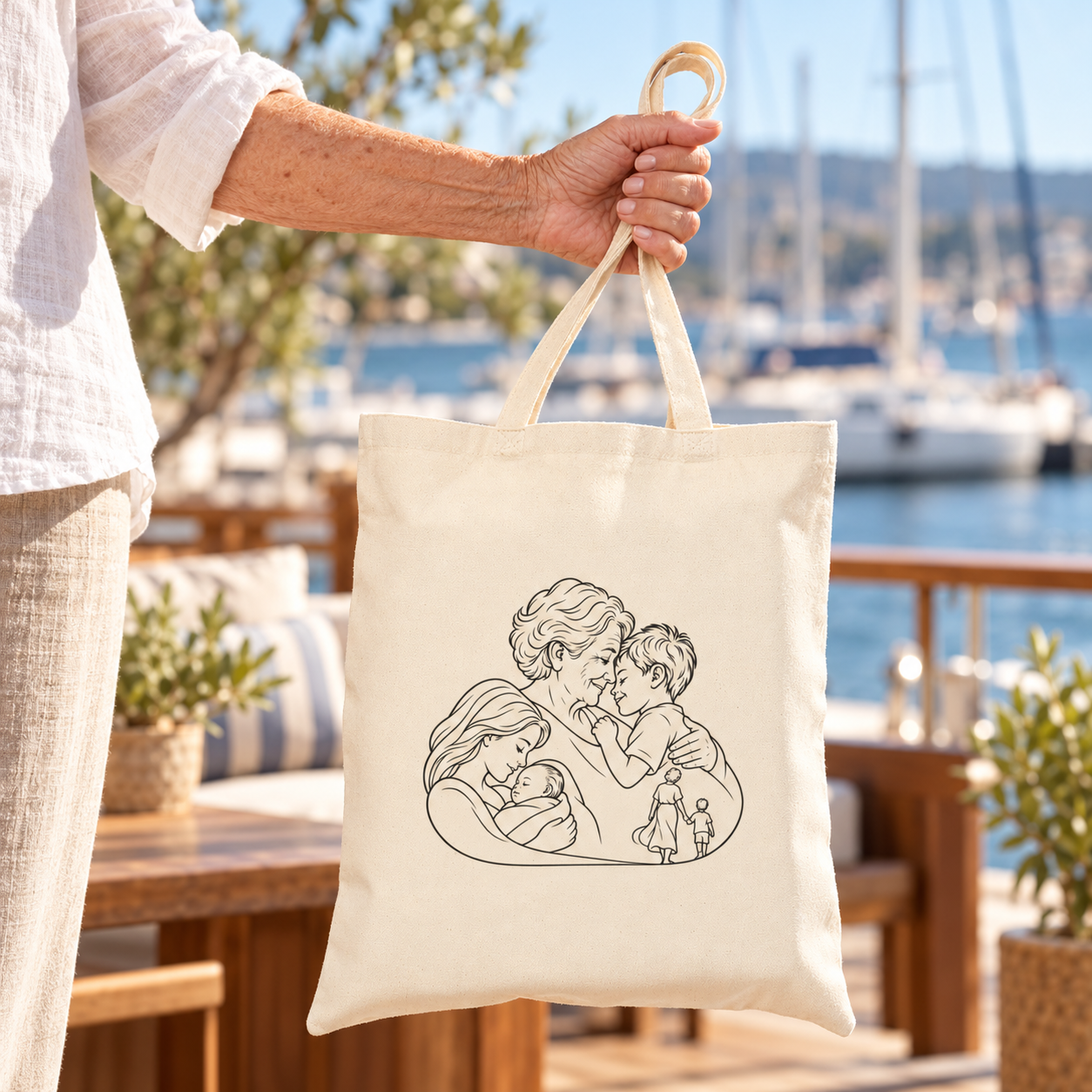 Grandmother/Boy canvas tote held by its handles on a porch overlooking a marina.