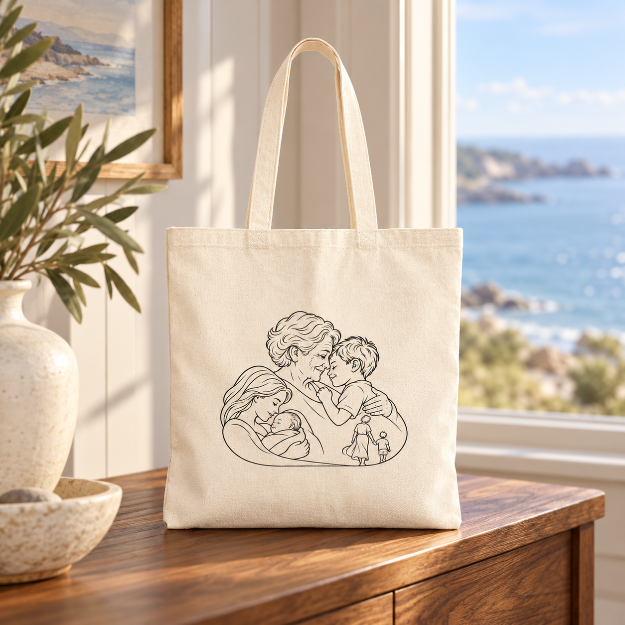 Grandmother/Boy natural canvas tote displayed on a wooden table beside a coastal window.