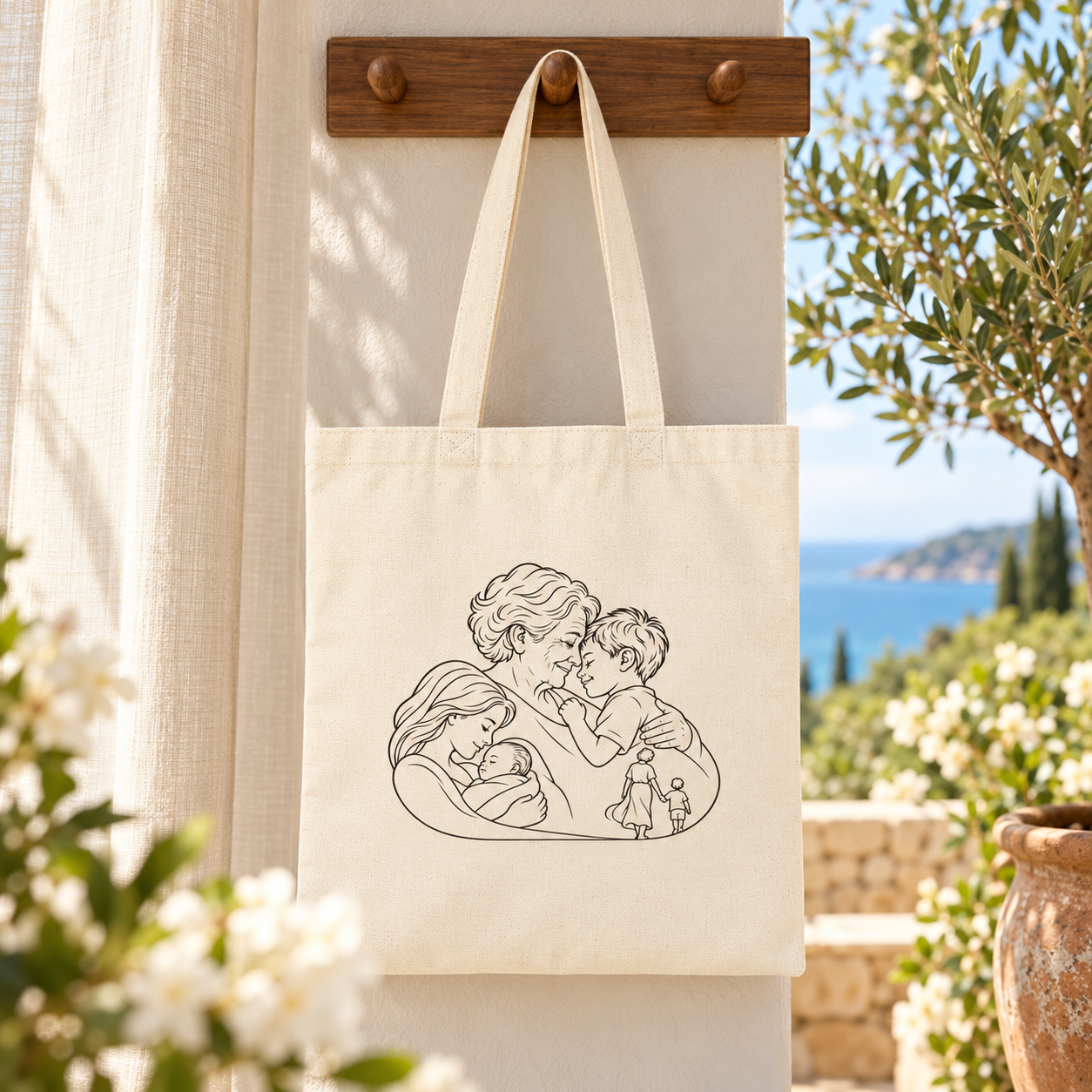 Natural canvas tote with Grandmother/Boy family line artwork hanging from a wooden wall hook in a sunlit coastal setting.