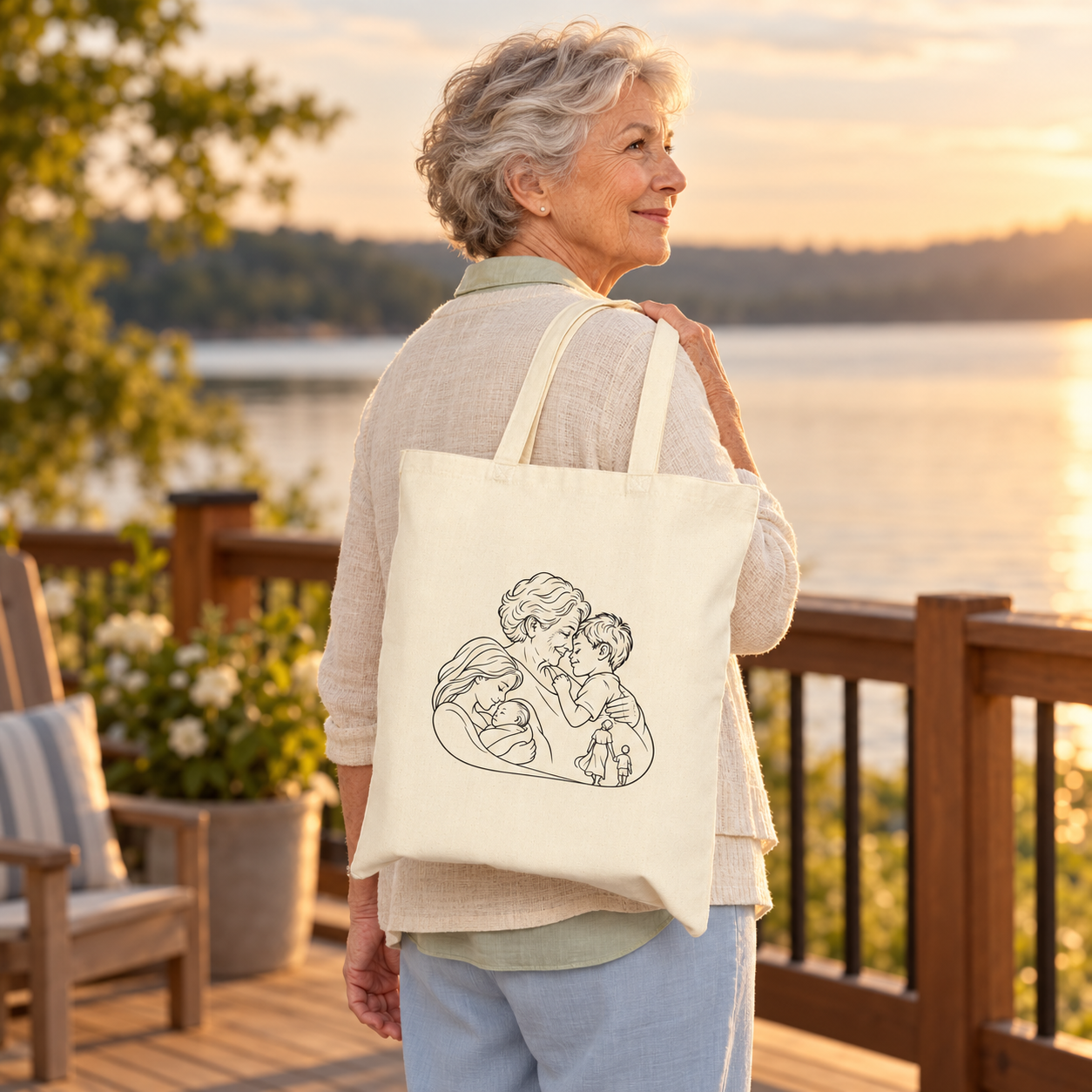 Older woman carrying a Grandmother/Boy natural canvas tote over her shoulder on a lakeside deck at sunset.