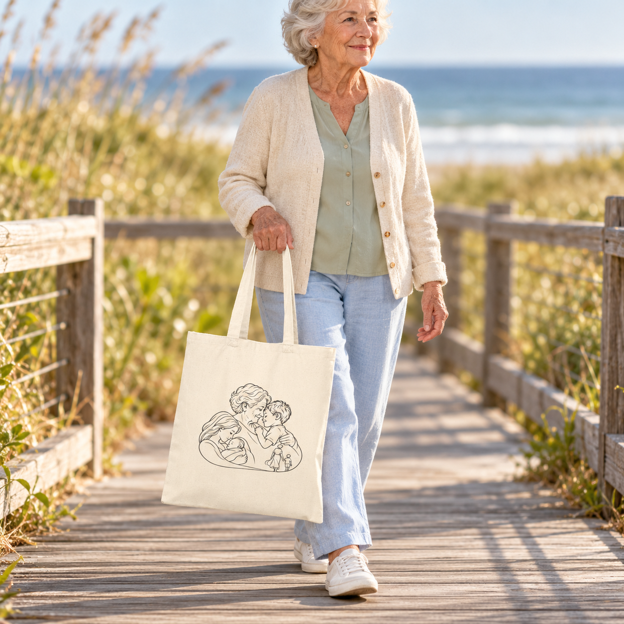 Older woman carrying a Grandmother/Boy canvas tote by its handles while walking on a coastal boardwalk.