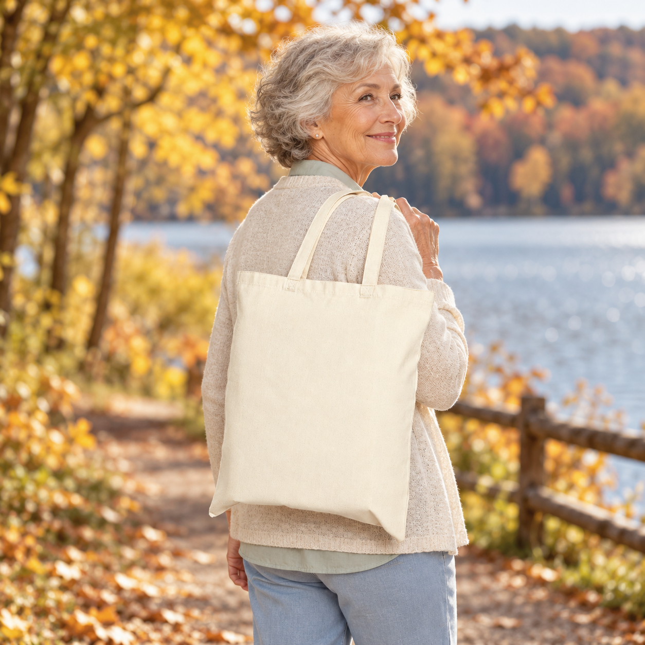 Older woman carrying a natural canvas tote with its plain reverse side visible beside an autumn lake.