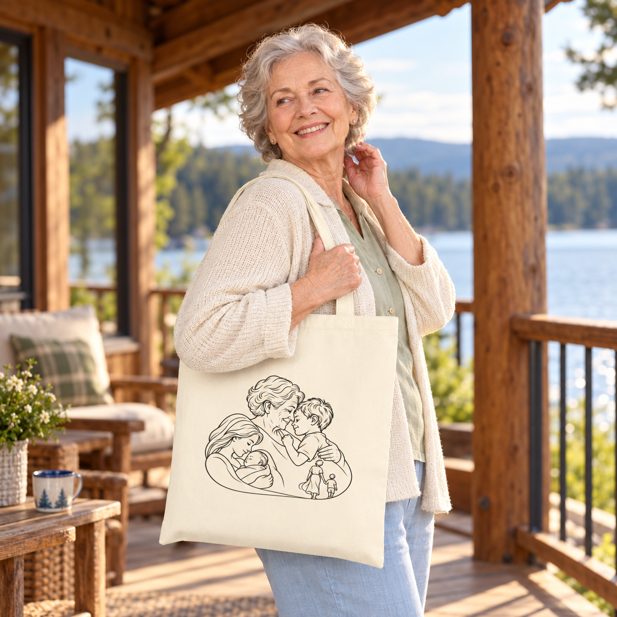 Older woman facing the camera with a Grandmother/Boy canvas tote over her shoulder on a lakeside porch.