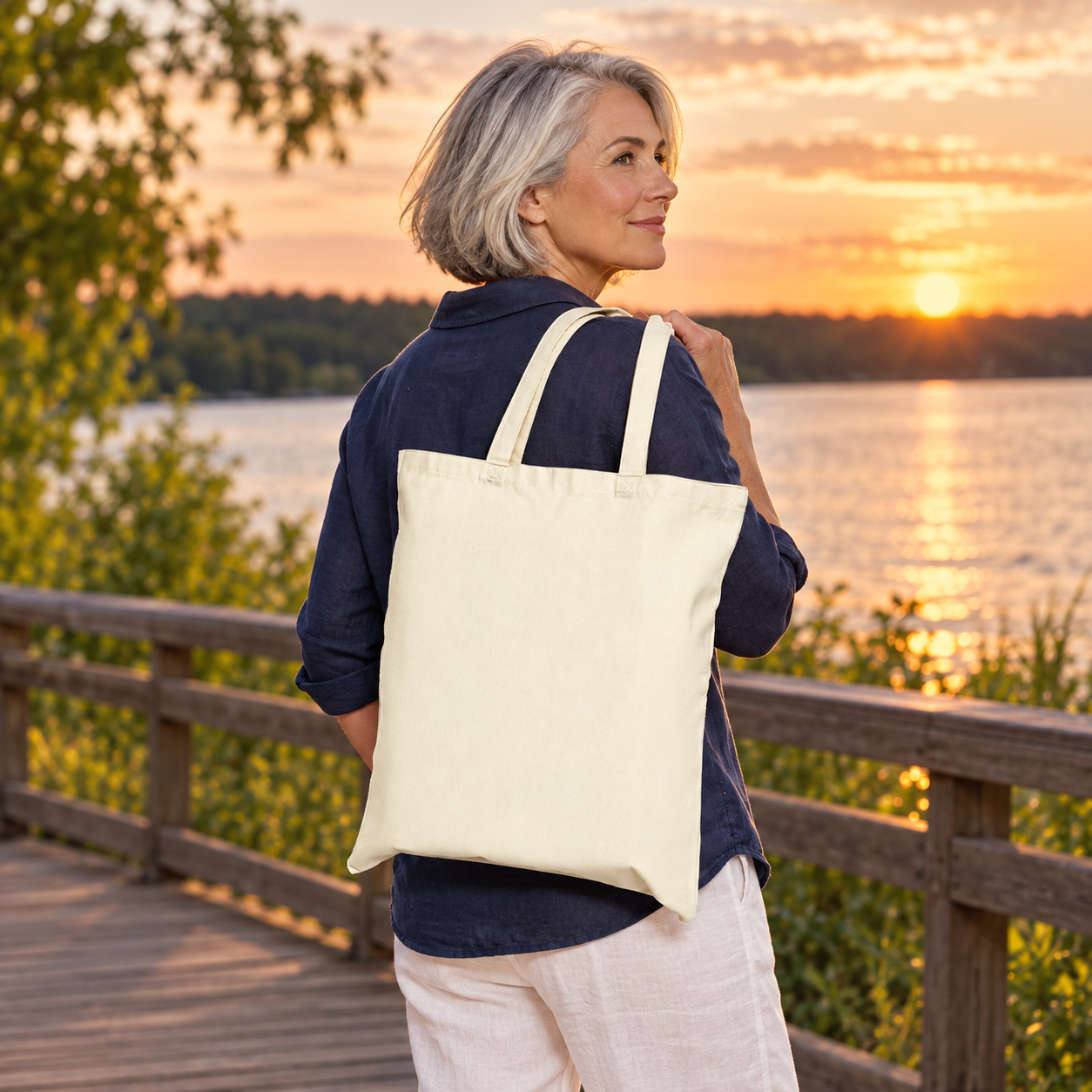 Woman carrying a natural canvas tote with its plain reverse side visible on a lakeside boardwalk.