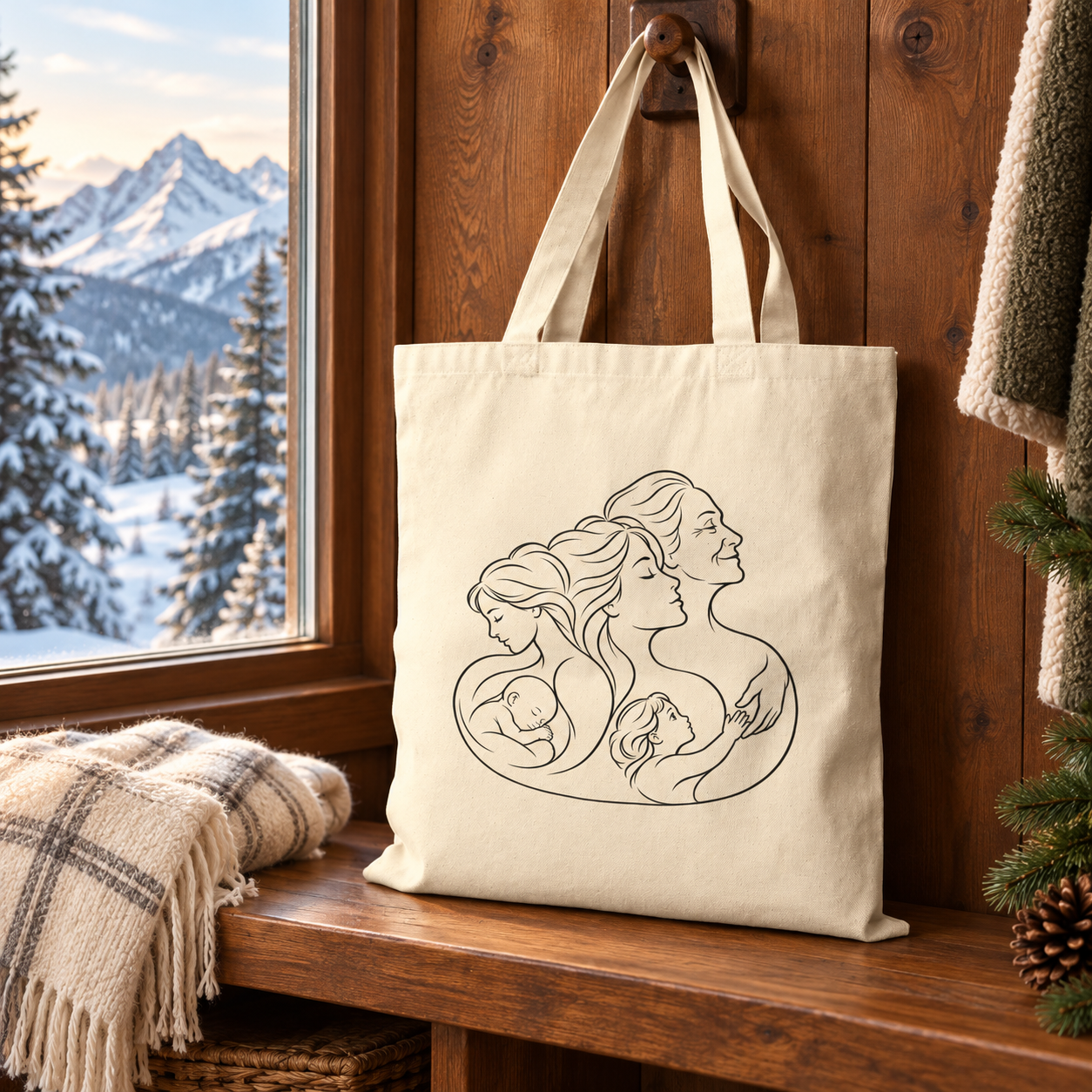 Motherhood natural canvas tote displayed beside a cabin window overlooking snowy mountains.