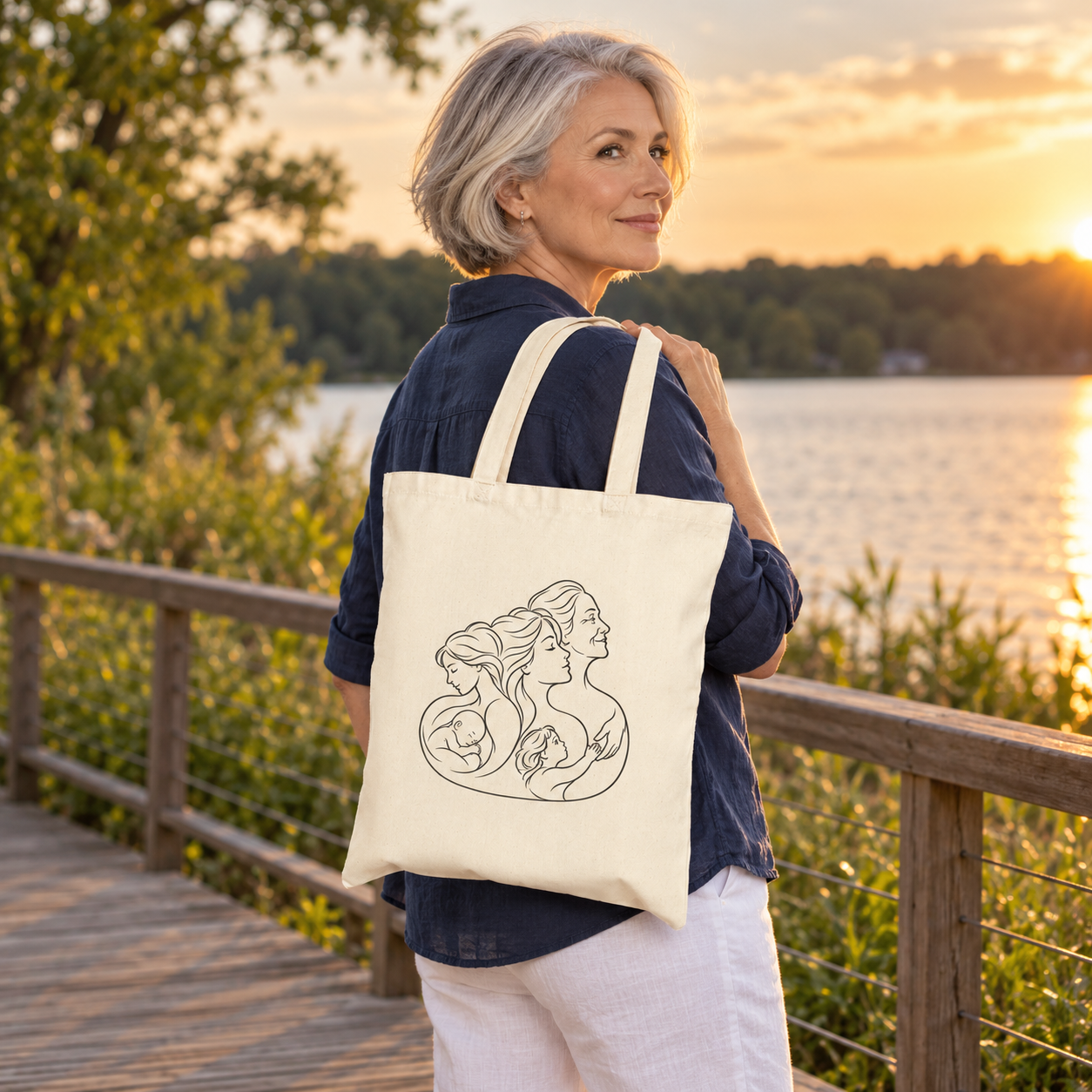 Woman carrying a Motherhood natural canvas tote over her shoulder on a lakeside boardwalk at sunset.