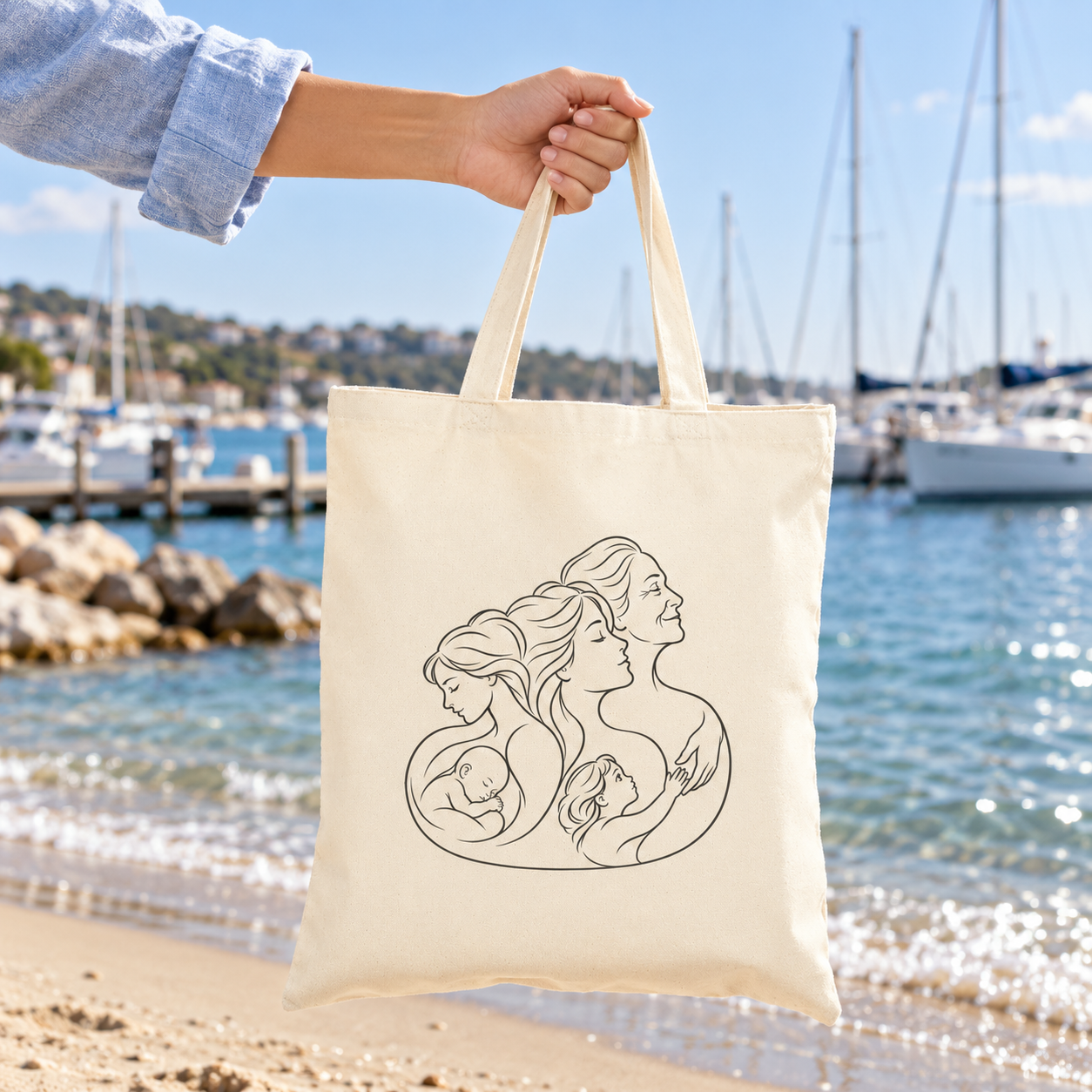 Motherhood canvas tote held by its handles beside a marina and sandy shore.