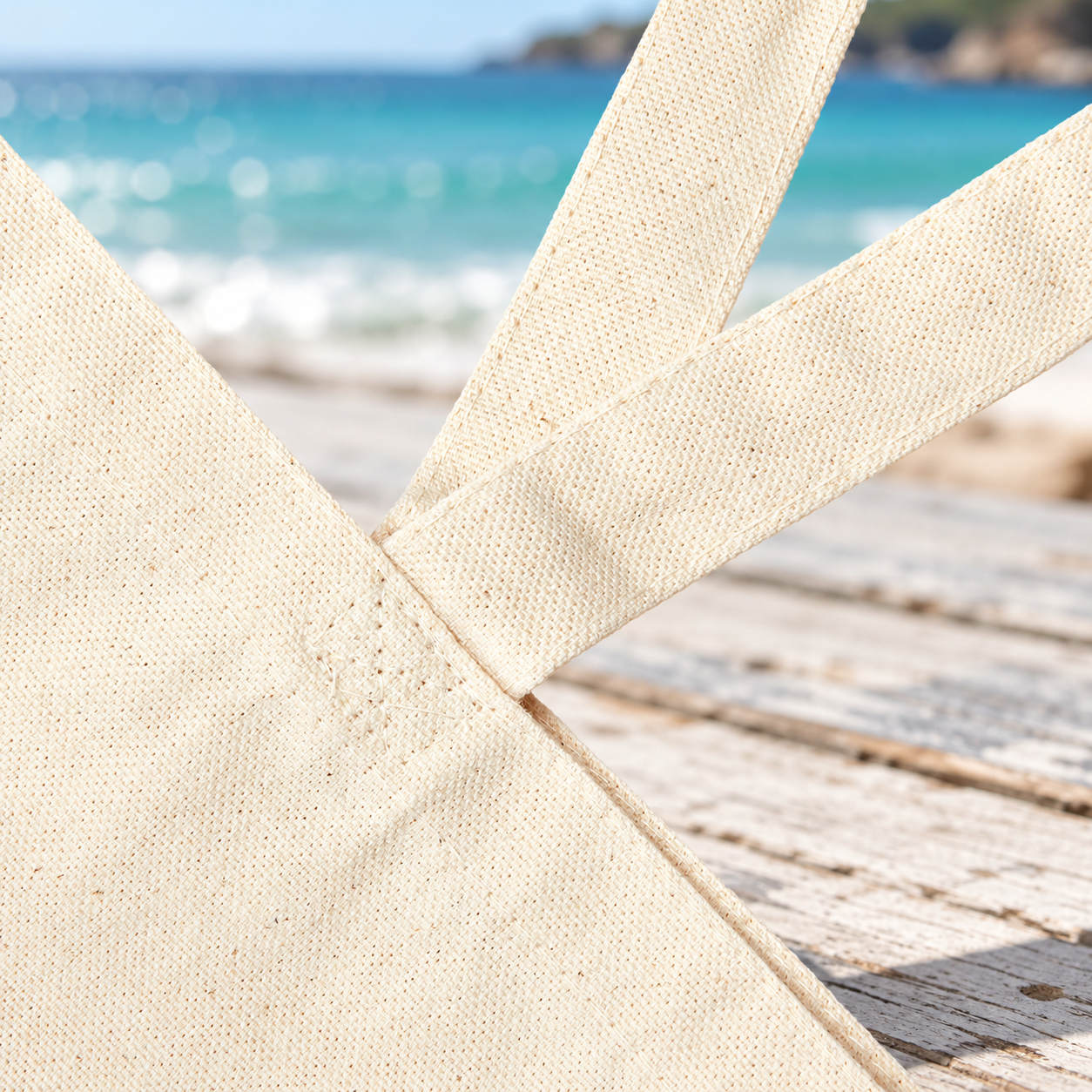 Close-up of natural canvas tote fabric, handle attachment, and stitching.