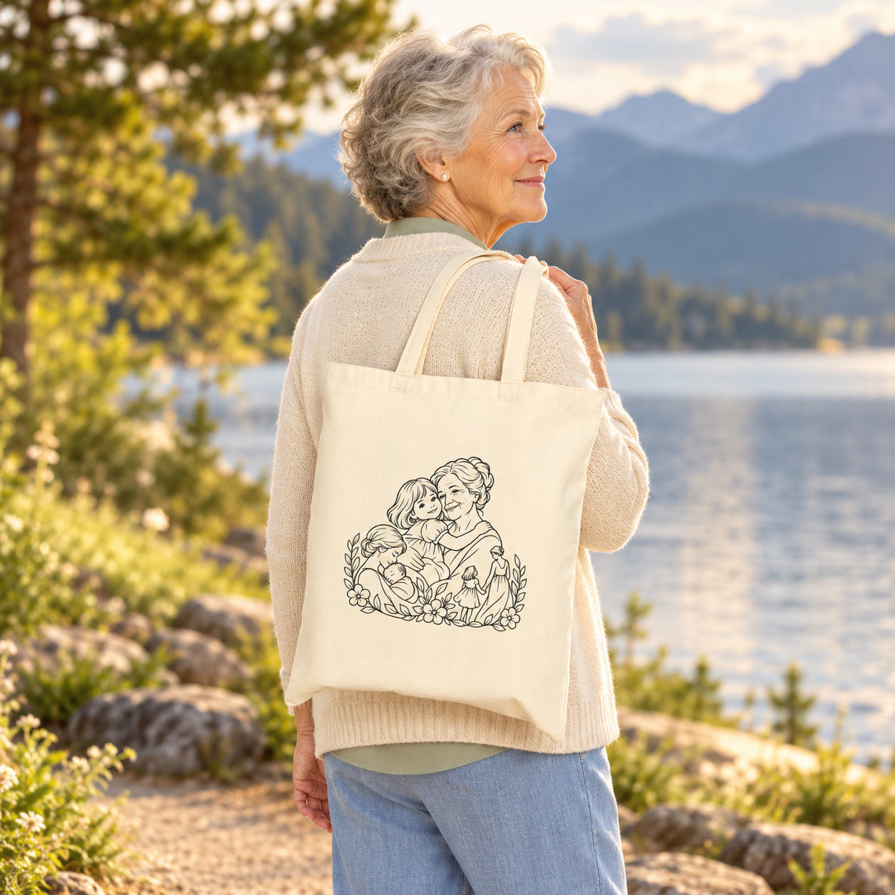 Older woman carrying a Grandmother/Girl Floral canvas tote over her shoulder beside a mountain lake.