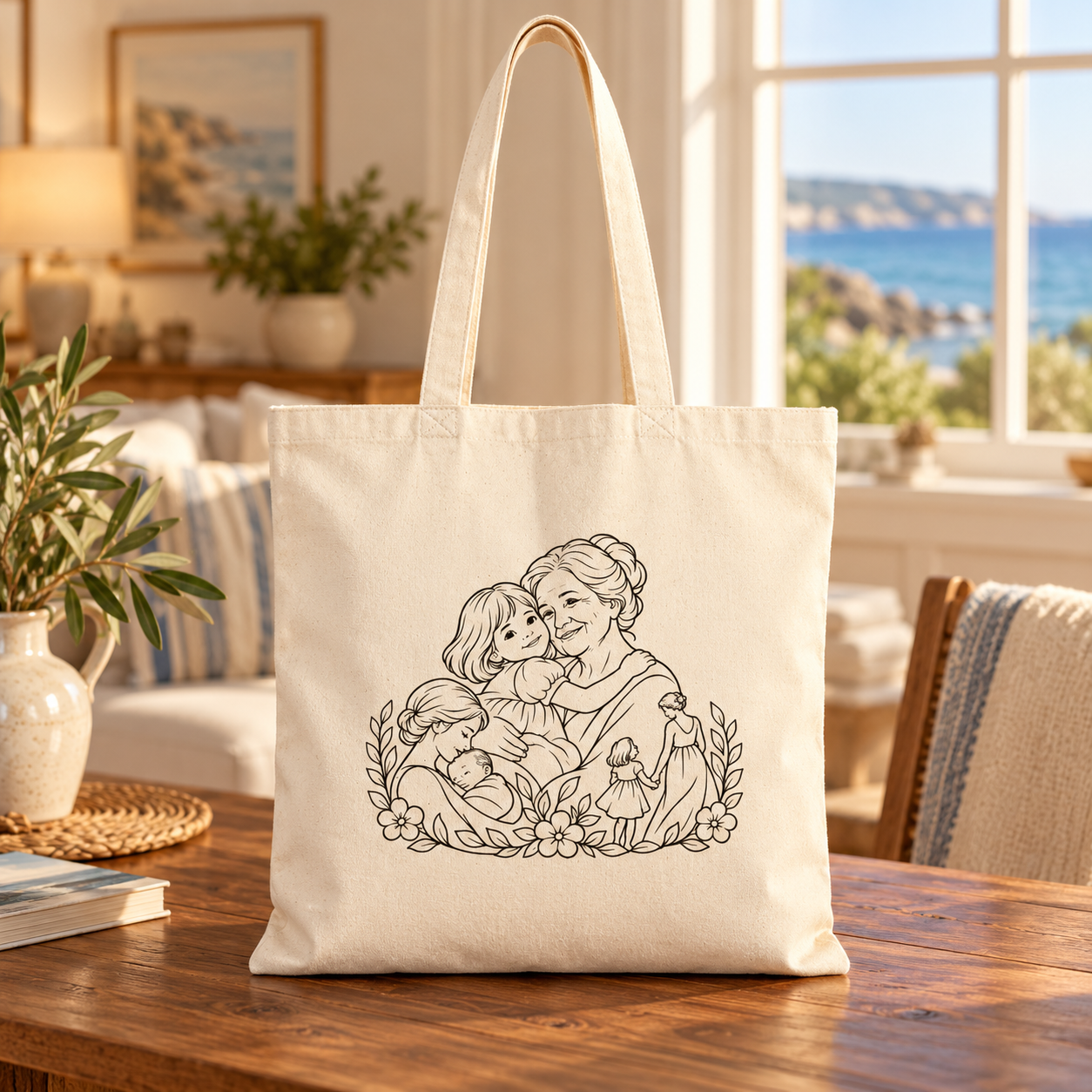 Grandmother/Girl Floral natural canvas tote displayed on a wooden table in a sunlit coastal room.