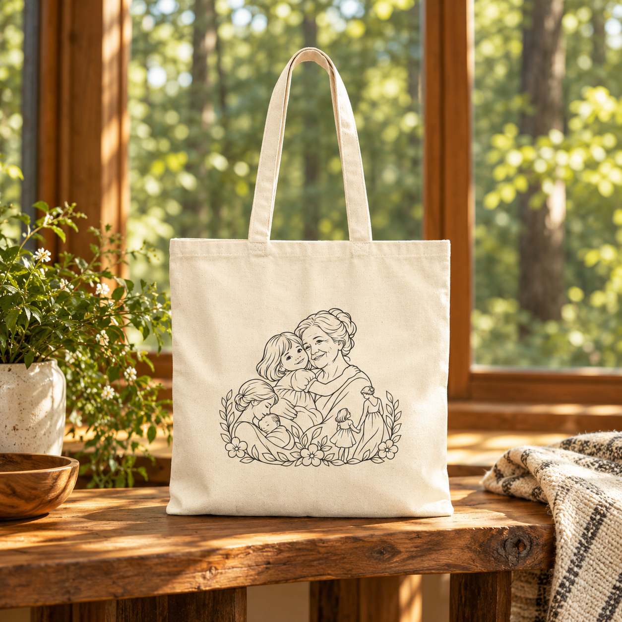 Natural canvas tote with Grandmother/Girl Floral line artwork displayed on a wooden table beside a woodland window.